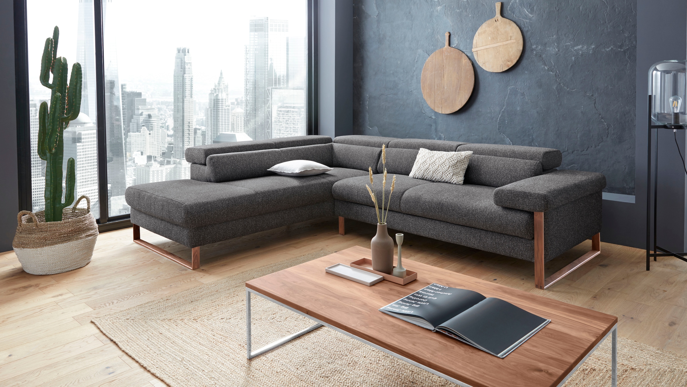 W.SCHILLIG Ecksofa »finn, Designsofa mit tollem Sitzkomfort, bequem, L-Form«, German Design Award 2016, Fußgestell Nussbaum natur, Breite 281 cm