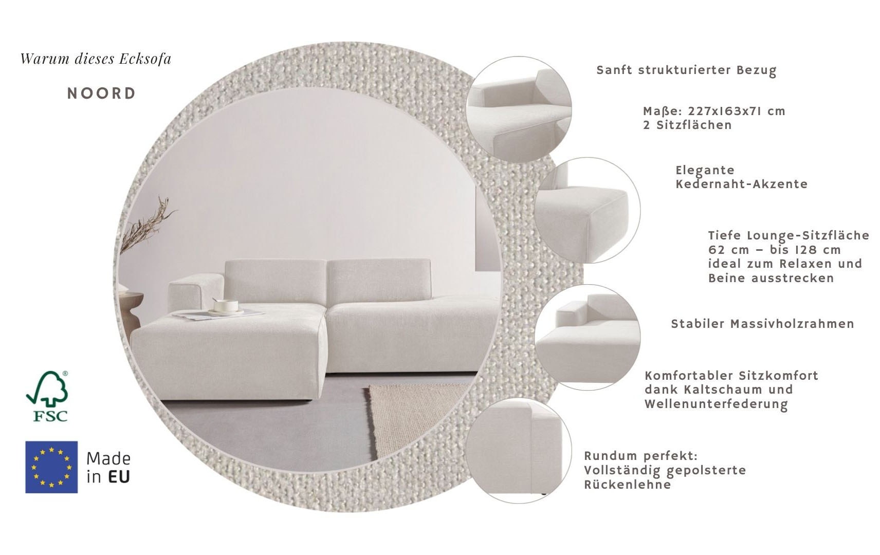 Home affaire Ecksofa »Noord mit Kedernaht, Breite 227 cm, L-Form« mit Kedernaht, Breite 227 cm, Cord, Struktur