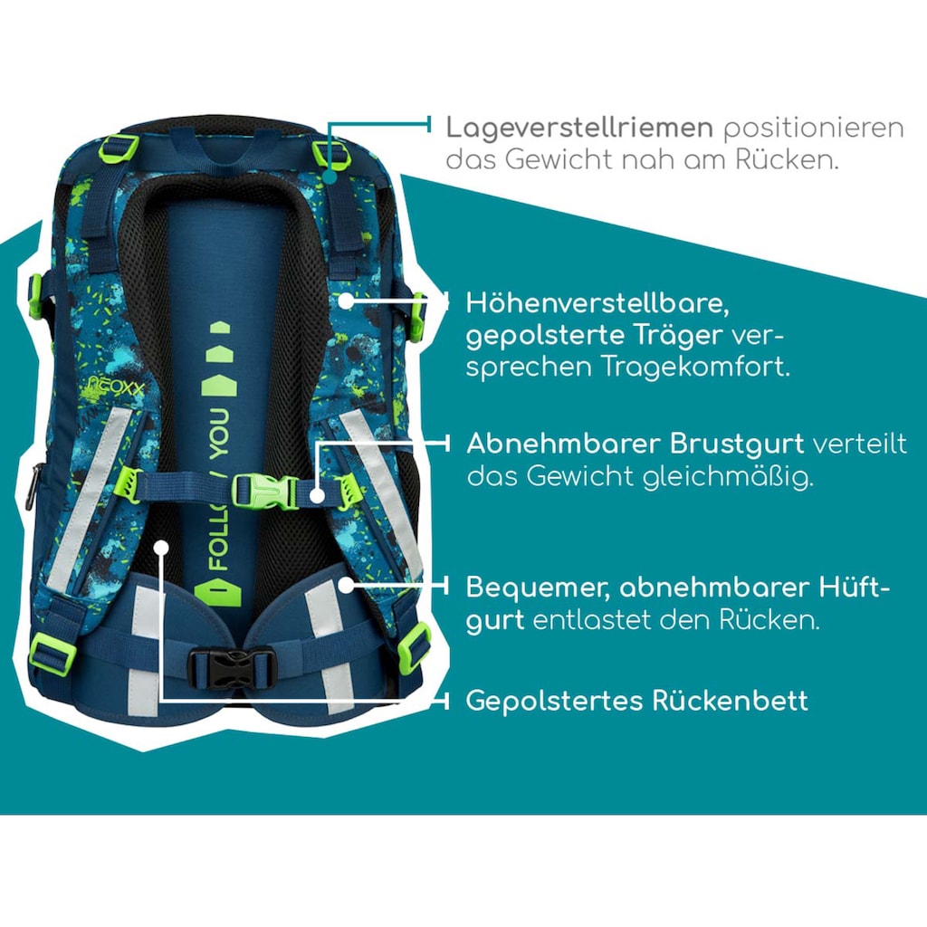 neoxx Schulrucksack »Active, Petrol Extrem«, reflektierende Details, aus recycelten PET-Flaschen
