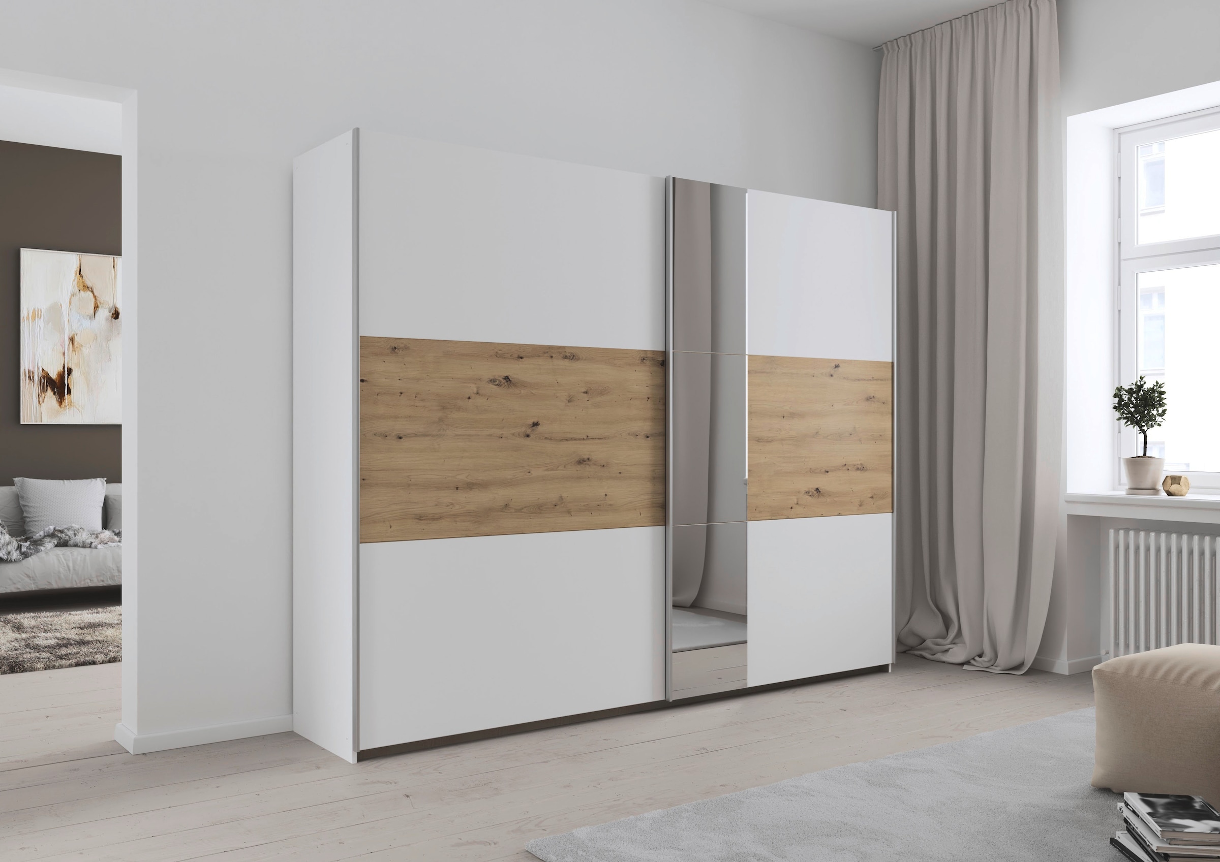 rauch Schwebetürenschrank »Kleiderschrank Schrank Garderobe TOPSELLER ASTANA OTTO´s CHOICE« 3 Ausstattungen BASIC/CLASSIC/PREMIUM, Breiten 175/218/261 cm,  mit 3 Spiegelelementen, Metallgriffleisten alufarbig MADE IN GERMANY