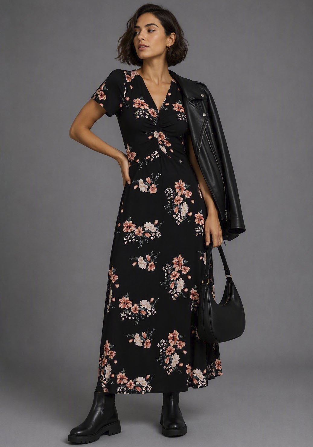 Laura Scott Jerseykleid mit romantischem Blumendruck und Raffung, Midikleid