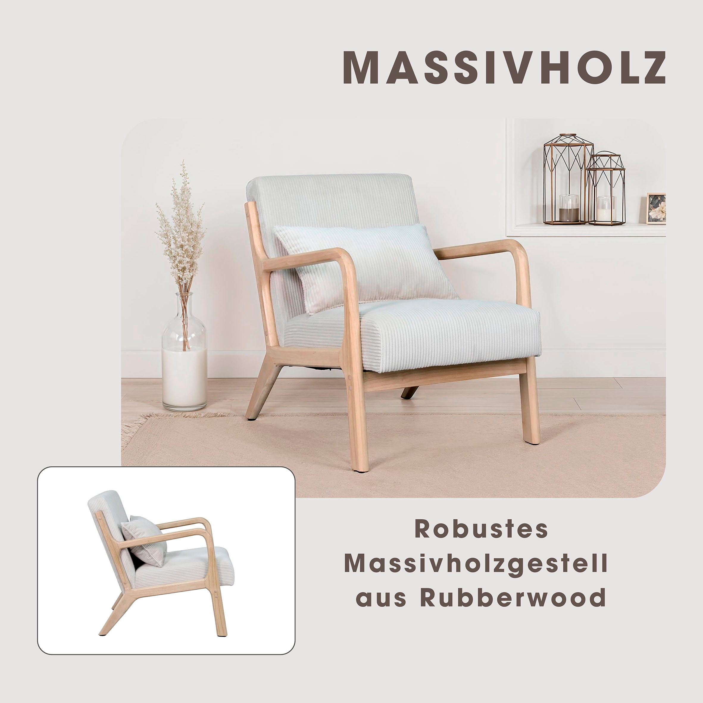 byLIVING Sessel »NOHR« Grob-Cord, Gestell Massivholz Rubberwood, Separates Zierkissen