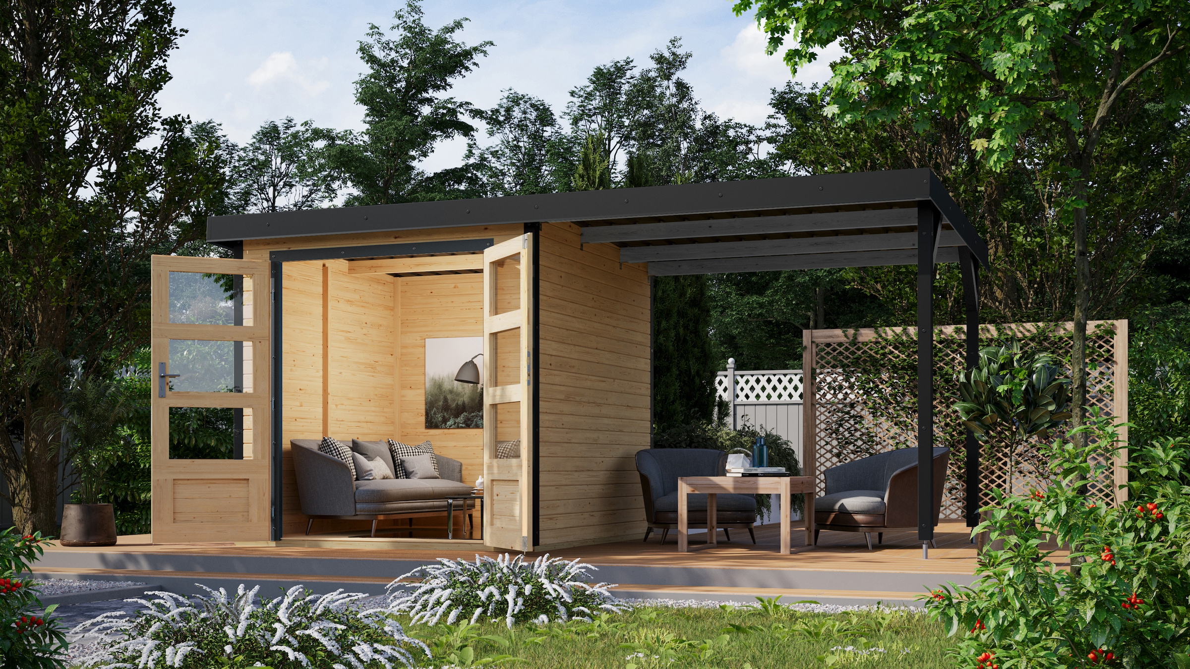 Karibu Gartenhaus »Jupiterino 2  SET, in verschiedenen Farben« inkl. Anbaudach, Made in Germany