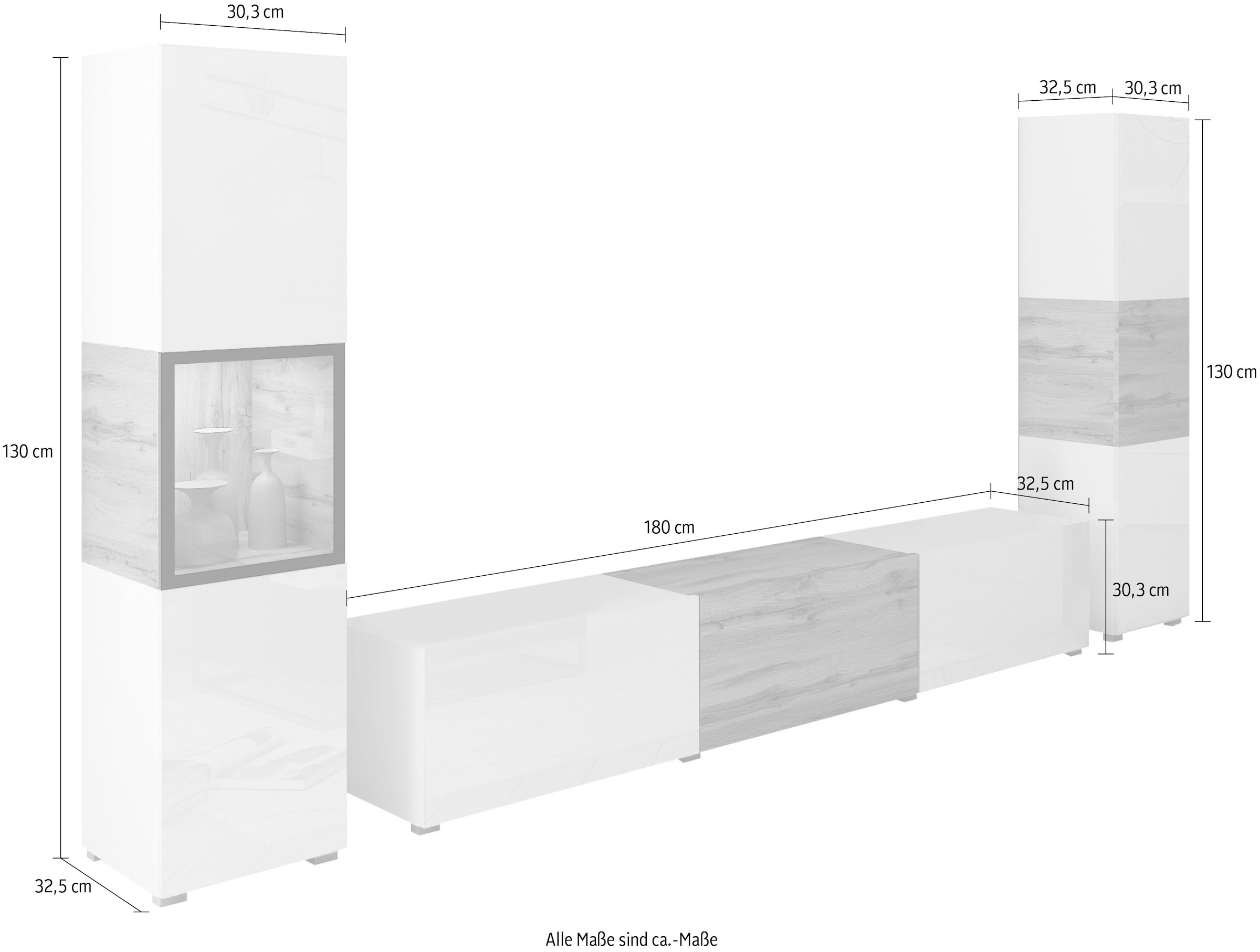 INOSIGN Wohnwand »BERLIN III, Vitrine Türschlag links/rechts wechselbar«, (Komplett-Set, 3 St.), moderne grifflose Mediawand Breite 260 cm, Vitrine mit Verglasung