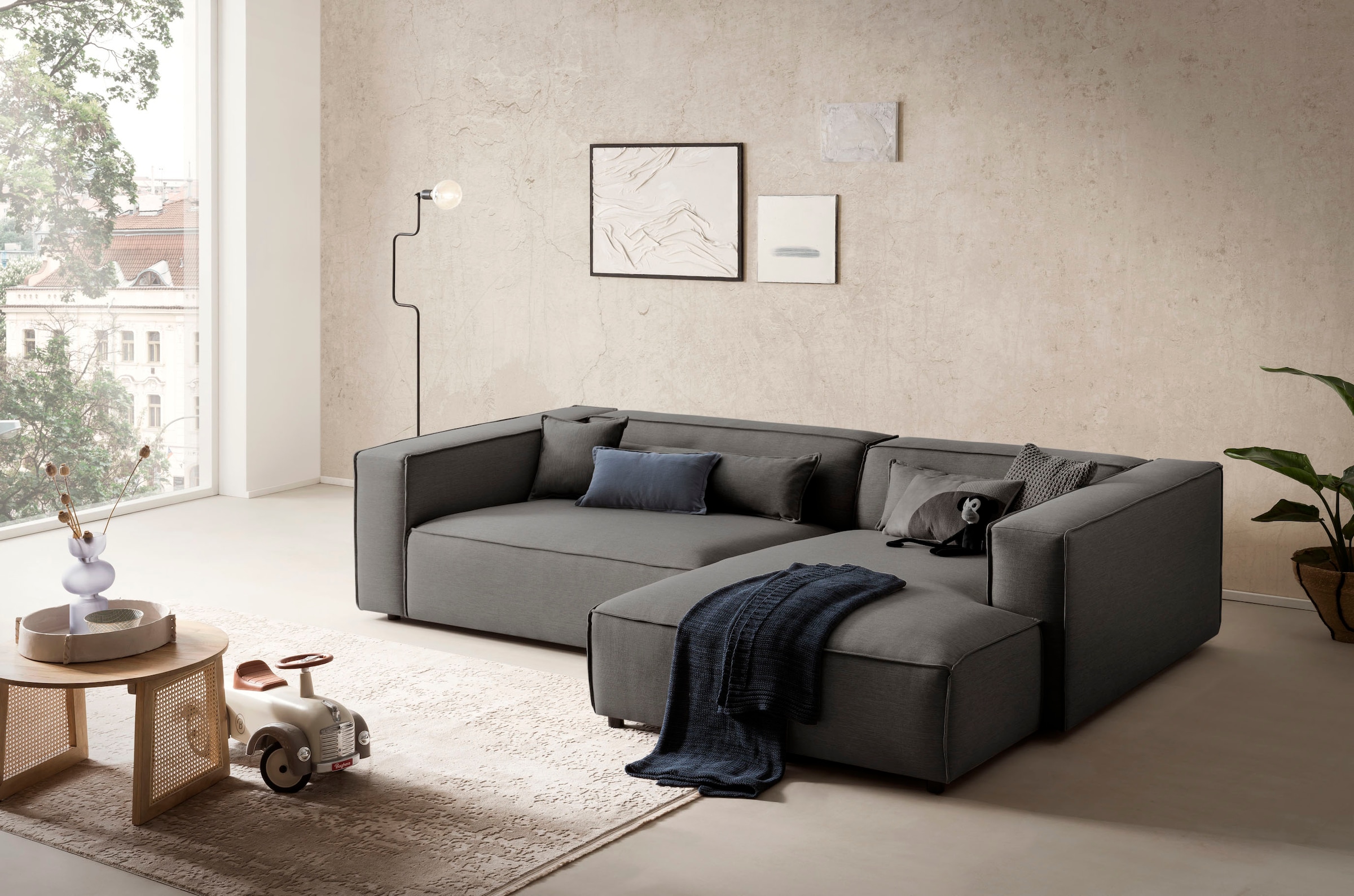 LeGer Home by Lena Gercke Ecksofa »PIARA XXL, Big-Sofa in Cord oder Leinenoptik, L-Form, mit Kedernaht«, wahlweise Ottomane rechts/links, schwarze Füße, extra tiefe Sitzfläche