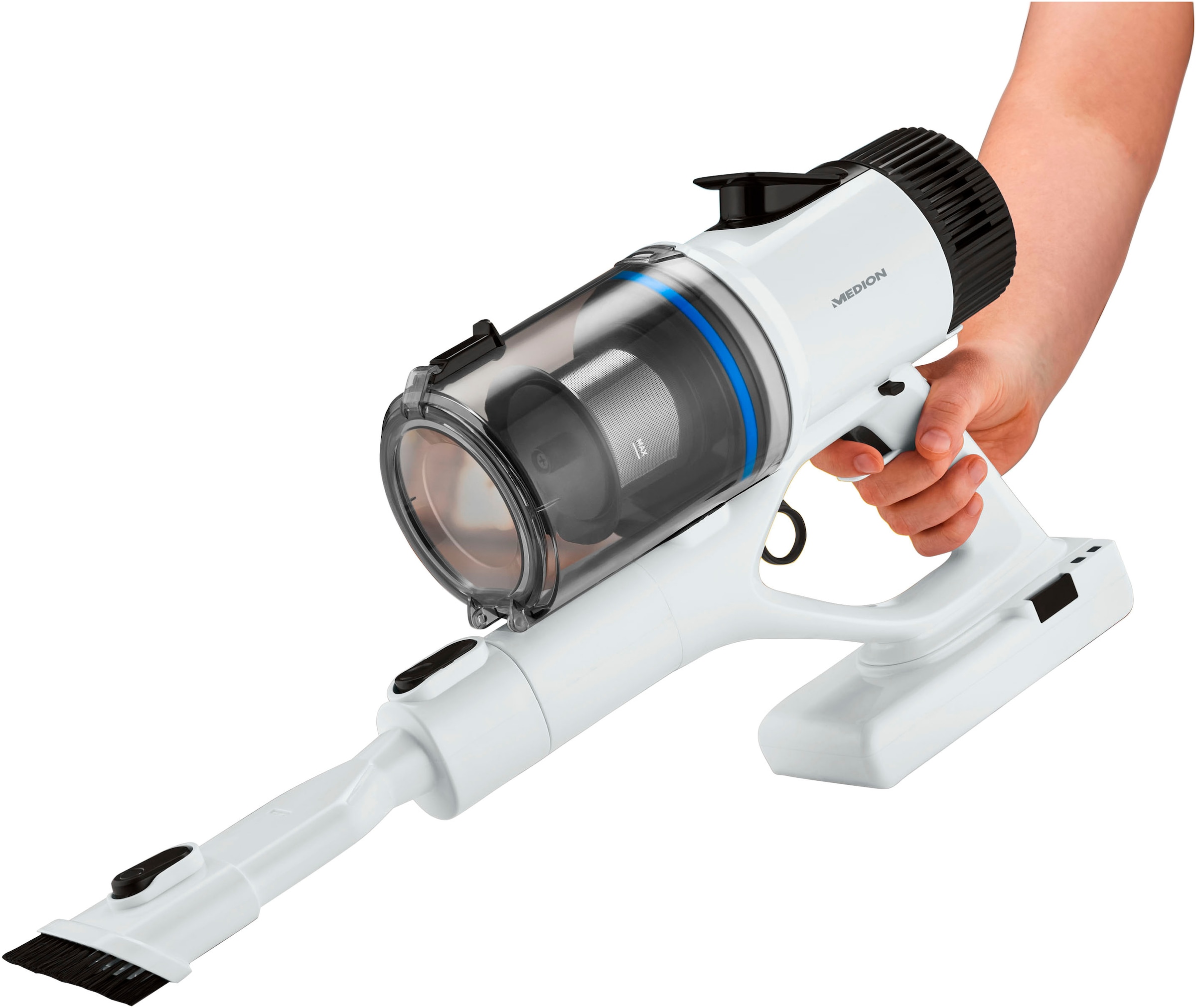 Medion® Akku-Stielstaubsauger »P400 W (MD 12051), beutellose Zyklon-Technologie, 26 kPa Saugleistung«, LED-Touch-Display, Staubsensor, integriertes Zubehör und Ladestation