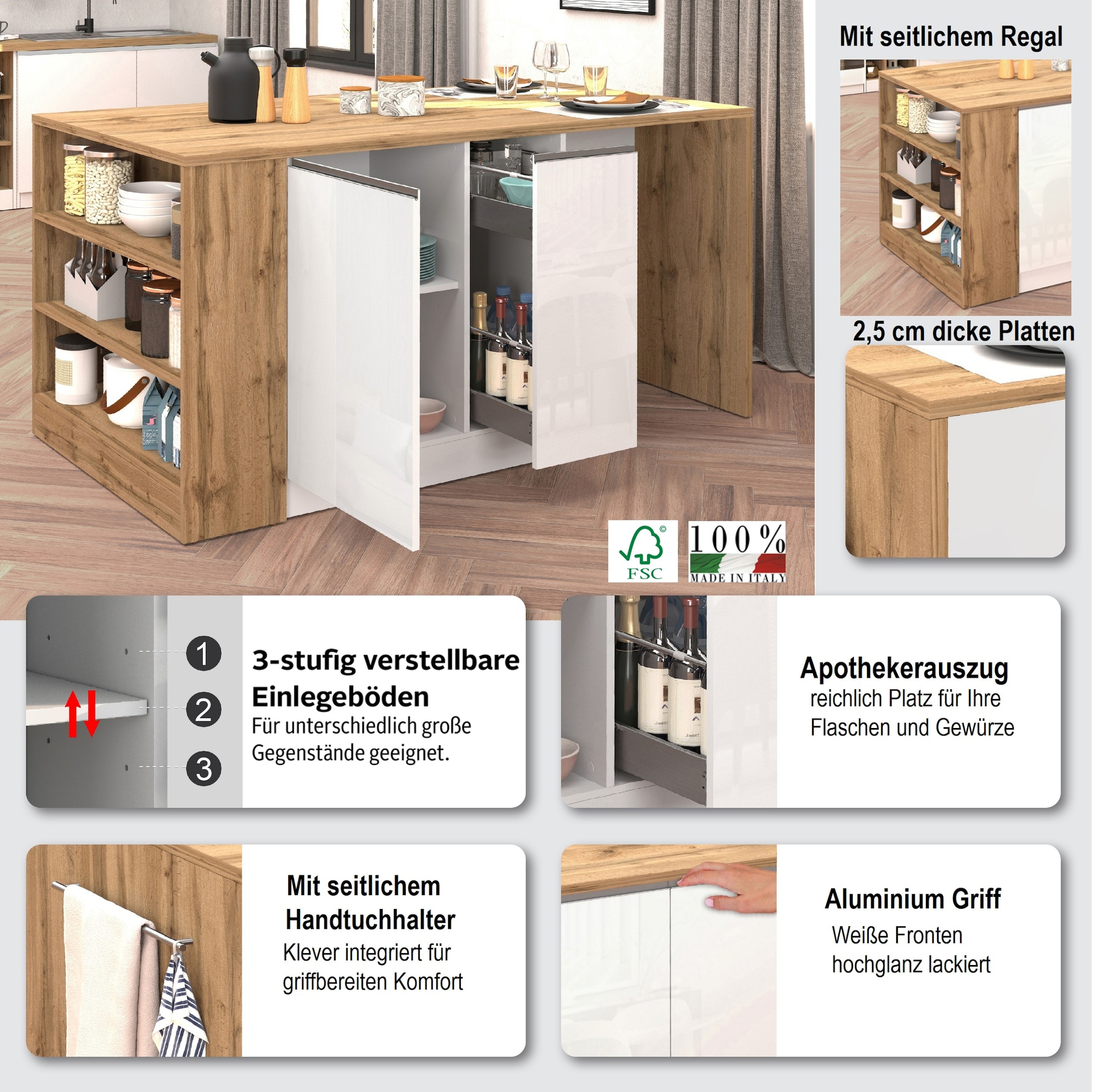 KOCHSTATION Kücheninsel »KS-Sole, Kochinsel, Küchenarbeitsblock, Arbeitsinsel, Made in Italy«, Breite 167,5 cm, 2 Apothekerauszüge, 2 Essplätze, 1 offenes Regal