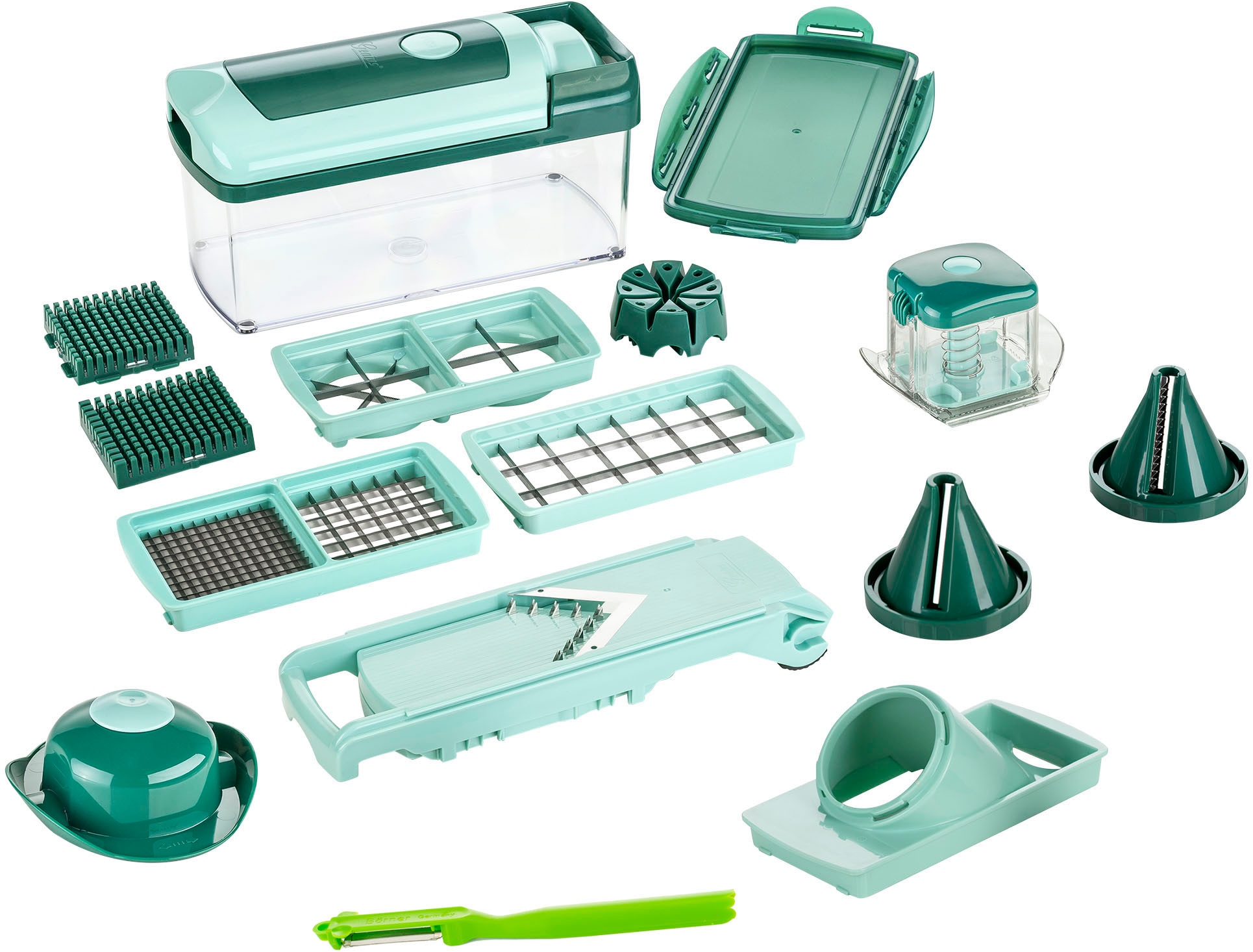 Genius Zerkleinerer »Nicer Dicer Fusion inkl. Börner Kombi-Schäler, Set 17-tlg.«, Schneidgerät für Würfel, Stifte, Scheiben Spiralen u.v.m.
