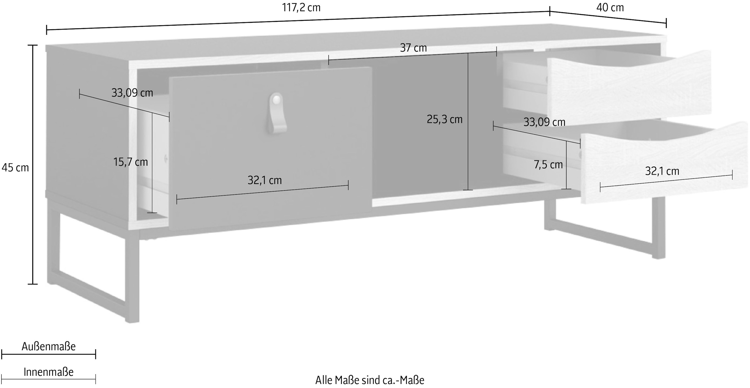 andas TV-Board »Stubbe«, TV-Kommode, Breite 117,2cm, 3 Schubkästen, 1 Ledergriff