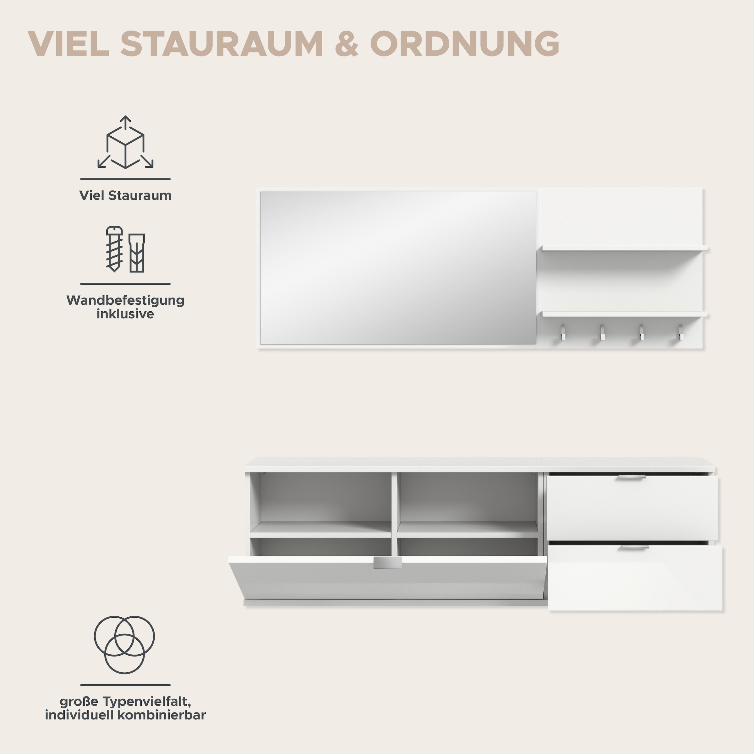 INOSIGN Garderoben-Set, (4 St.), Trondheim, Garderobenset 4-tlg., Breite 144 cm, Flur, Diele, Garderobe