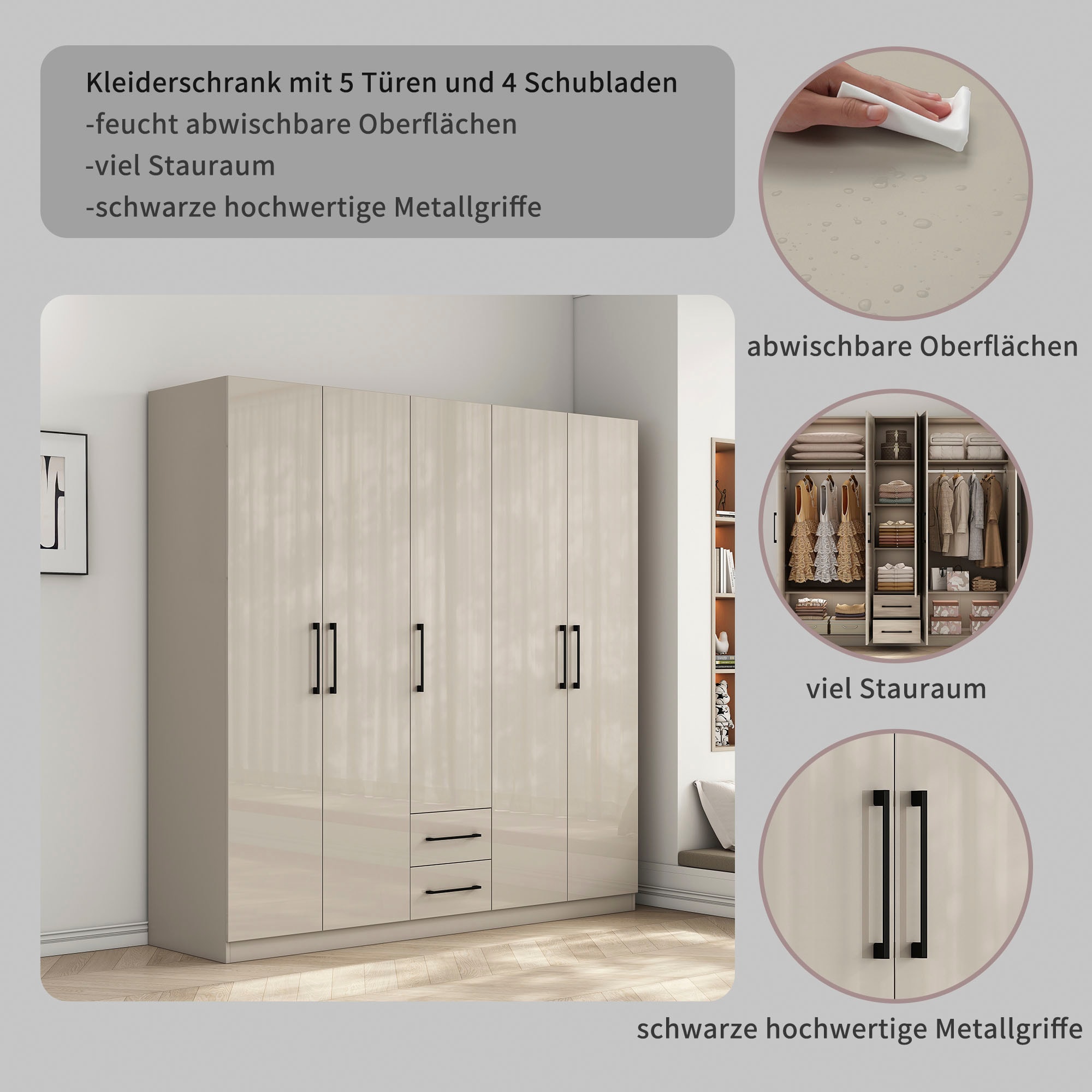 OTTO home Kleiderschrank »Sylt Schlafzimmerschrank Garderobe Schrank TOPSELLER in hochglanz weiß« 5 Türen, 2 Schubladen, schwarze moderne Griffe, 7 Einlegeböden,  Drehtürenschrank mit perfekter Innenausstattung, Breite 200cm