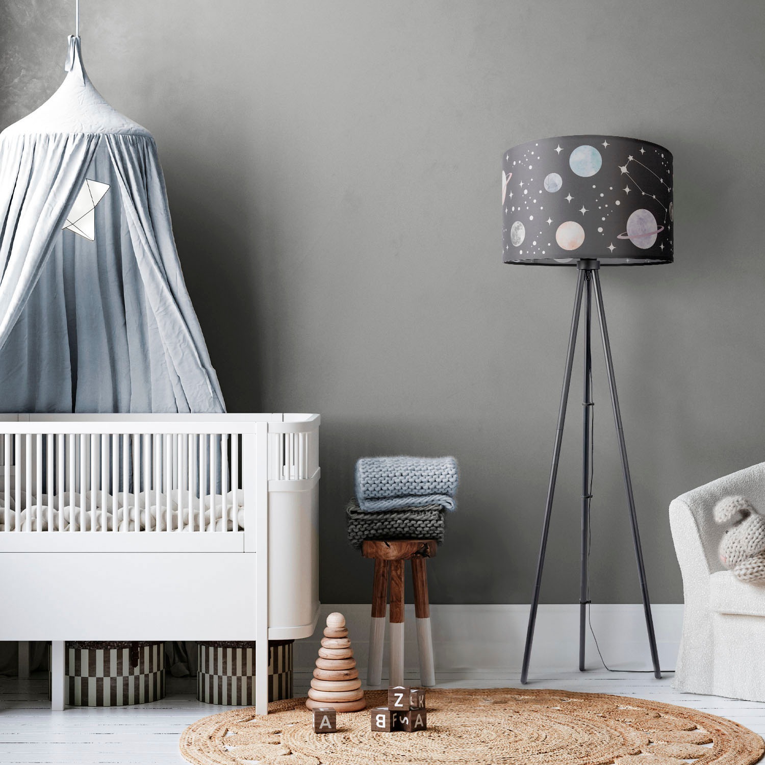 Paco Home Stehlampe »Trina Cosmo«, Leuchtmittel E27 | ohne Leuchtmittel, Stehlampe Kinderzimmer Stativ Stoffschirm Planet Sterne Dreibein
