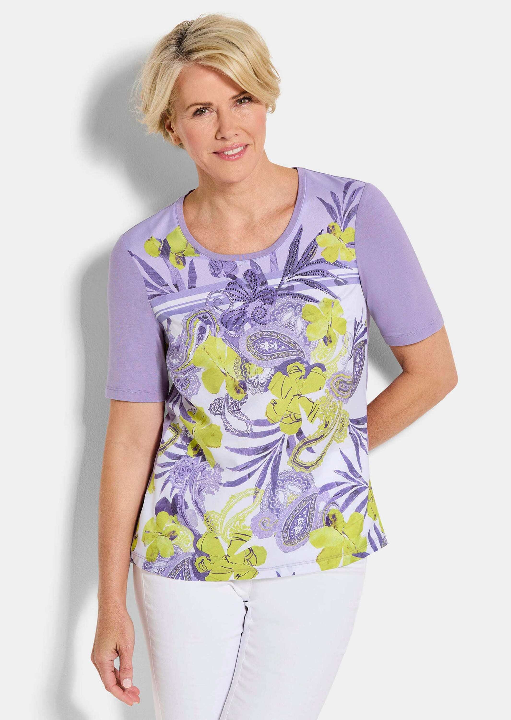 GOLDNER Kurzarmbluse »Kurzgröße Glanzshirt mit floralem Paisley-Muster« Ton in Ton Ziersteinchen auf dem Print