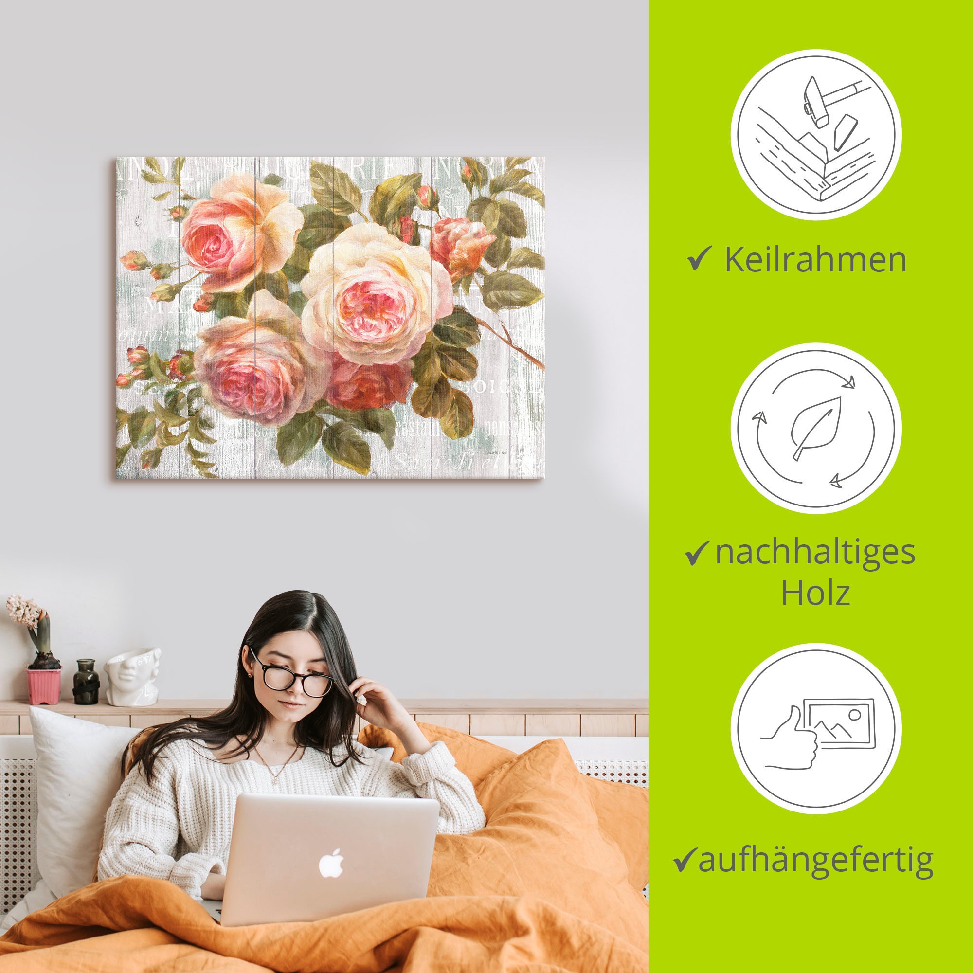 Artland Wandbild »Vintage Rosen auf Holz«, Blumen, (1 St.), als Leinwandbild, Poster, Wandaufkleber in verschied. Größen