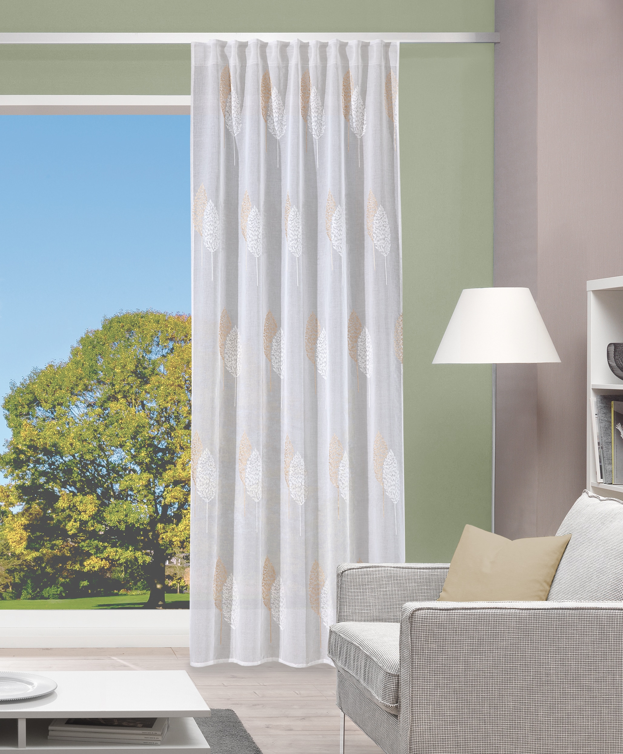 HOME WOHNIDEEN Gardine »ALAVARO« Multifunktionsband 1 Stk. tlg. Fertigschal Leinenoptik bestickt