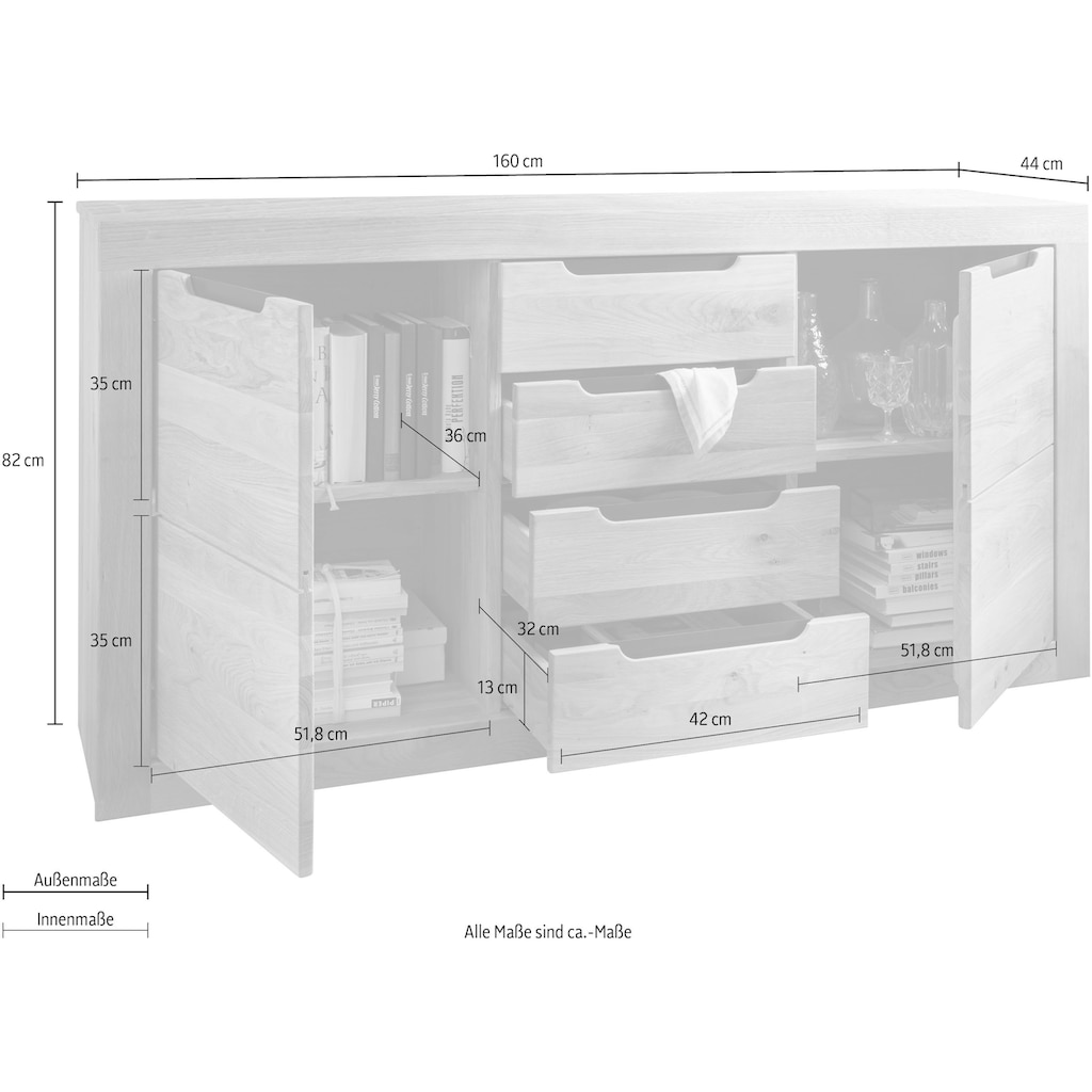 Wohnglücklich by Infantil Sideboard »Basel«, Schrank, Kommode Wildeiche massiv Breite 160 cm, Landhaus