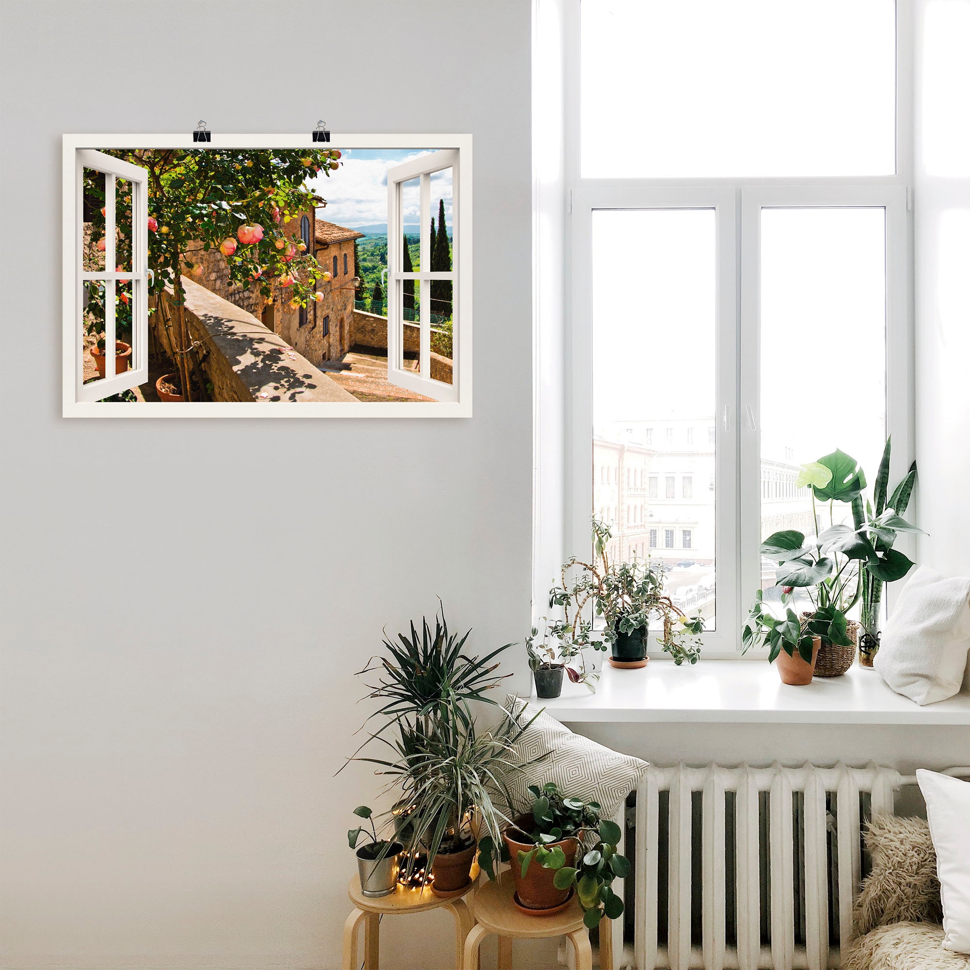 Artland Wandbild »Fensterblick Rosen auf Balkon Toskana«, Garten, (1 St.), als Alubild, Outdoorbild, Leinwandbild, Poster, Wandaufkleber