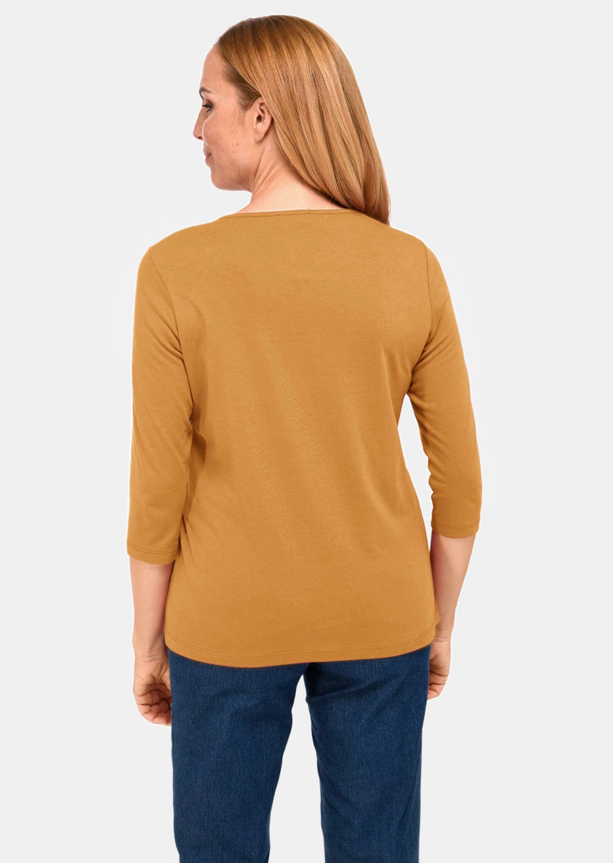 GOLDNER 3/4-Arm-Shirt »Kurzgröße T-Shirt mit charmantem Ausschnitt und Schmucksteinchen«