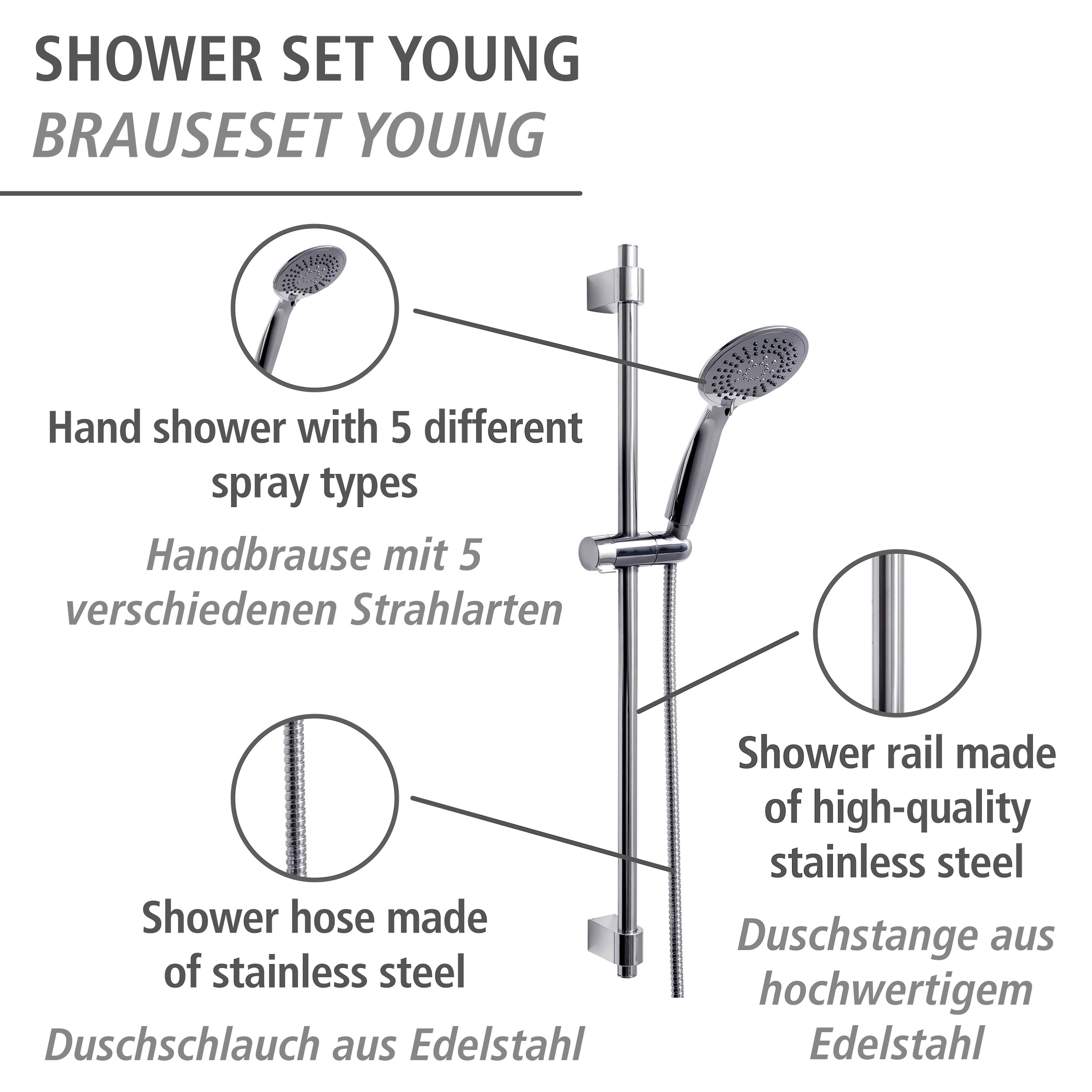 WENKO Stangenbrause-Set »Young«, Chrom, Länge Stange: 66 cm