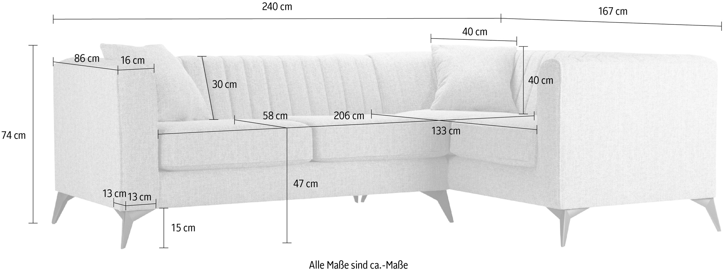Places of Style Ecksofa »MATTHEW L-Form ideal für kleine Räume, Maße B/T/H: 240/167/74 cm«, elegantes Designsofa, Steppung im Rücken, incl. Zierkissen