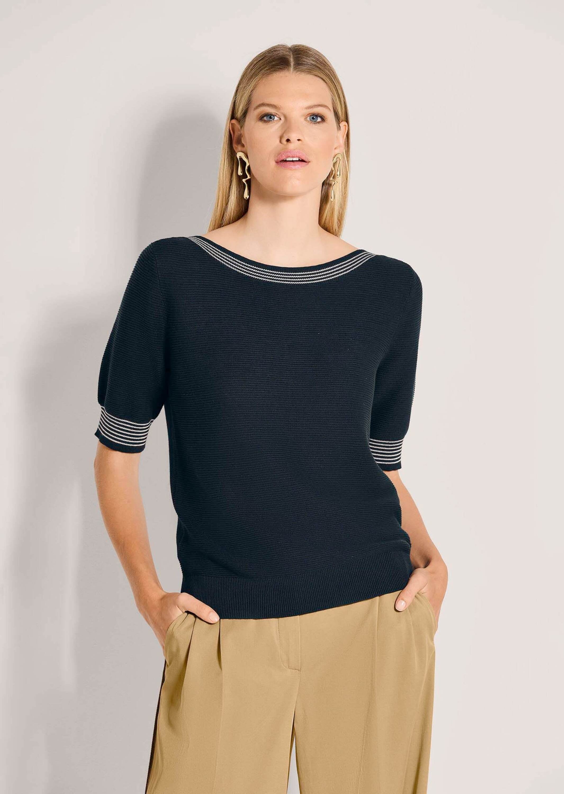 MADELEINE Longpullover »Feinstrickpullover Sommerpullover mit Streifen-Details« Kontrastelemente