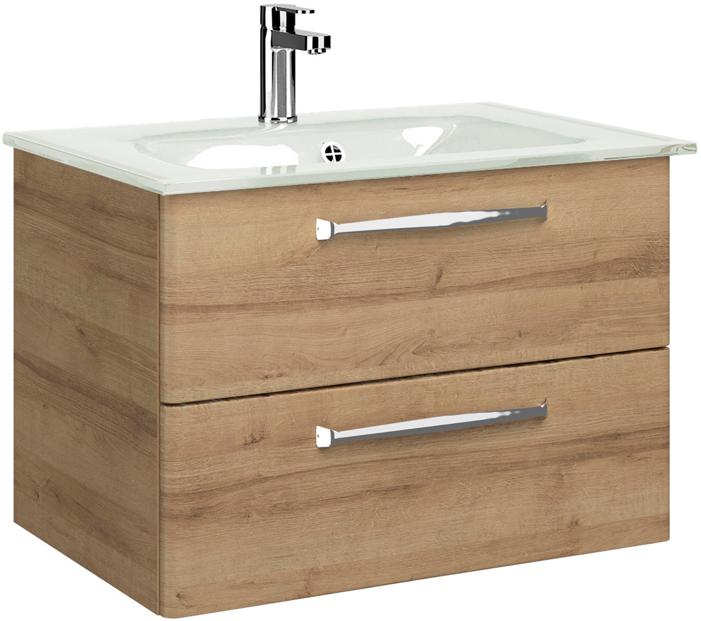 Saphir Badmöbel-Set »Trentino 2-teilig Glas-Waschtisch, Spiegelschrank mit LED-Leuchte«, (3 St.), Badmöbel-Set 77cm breit, inkl. Türdämpfer, 3 Türen, 2 Auszügen