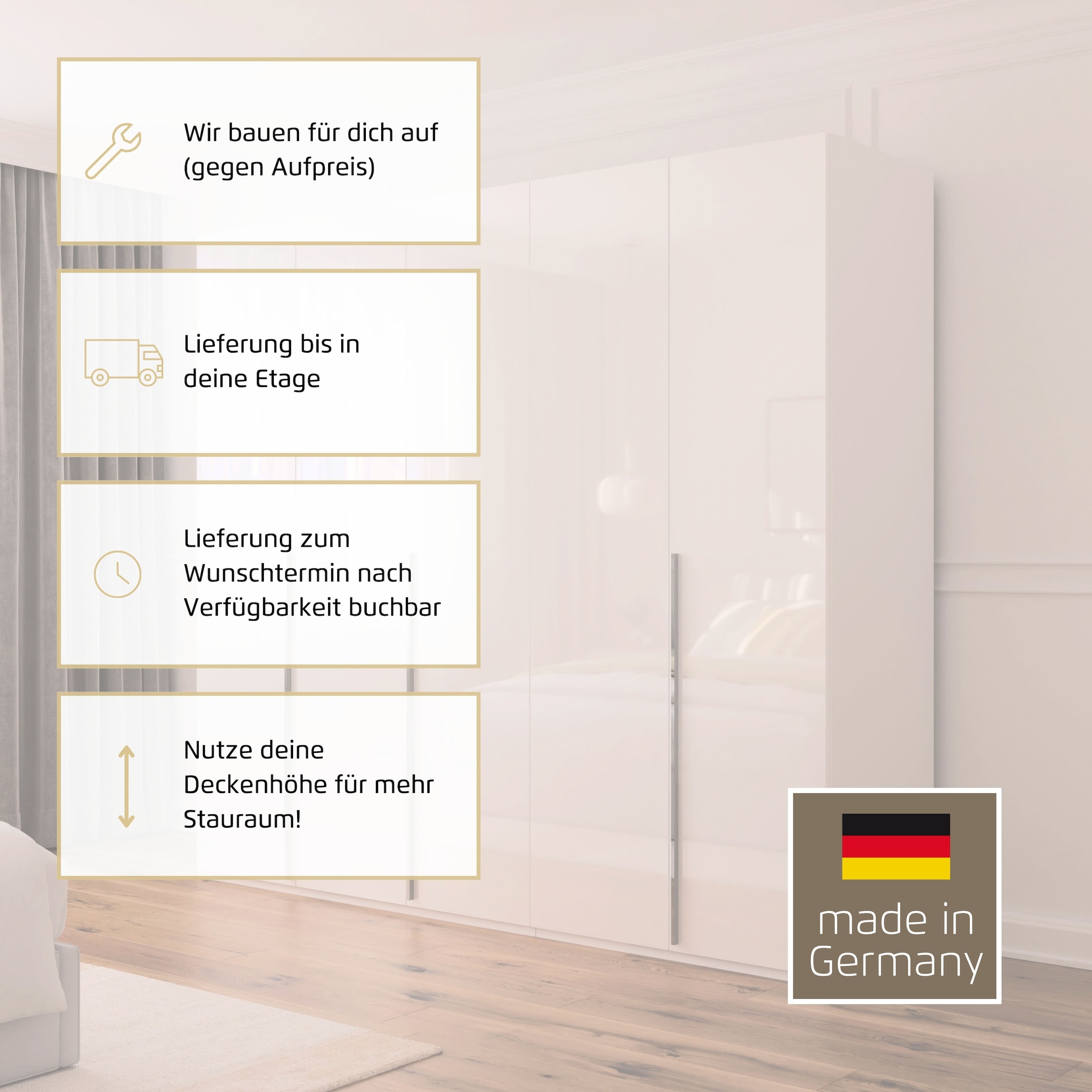 rauch Drehtürenschrank »Kleiderschrank Schrank Garderobe Wäscheschrank BESTSELLER MONTCLAR« 3 Ausstattungen BASIC/CLASSIC/PREMIUM, Breiten 201/251/301/350/400 cm,  Front in Glas/Hochglanz/Dekor/Grauspiegel in 5 Breiten MADE IN GERMANY