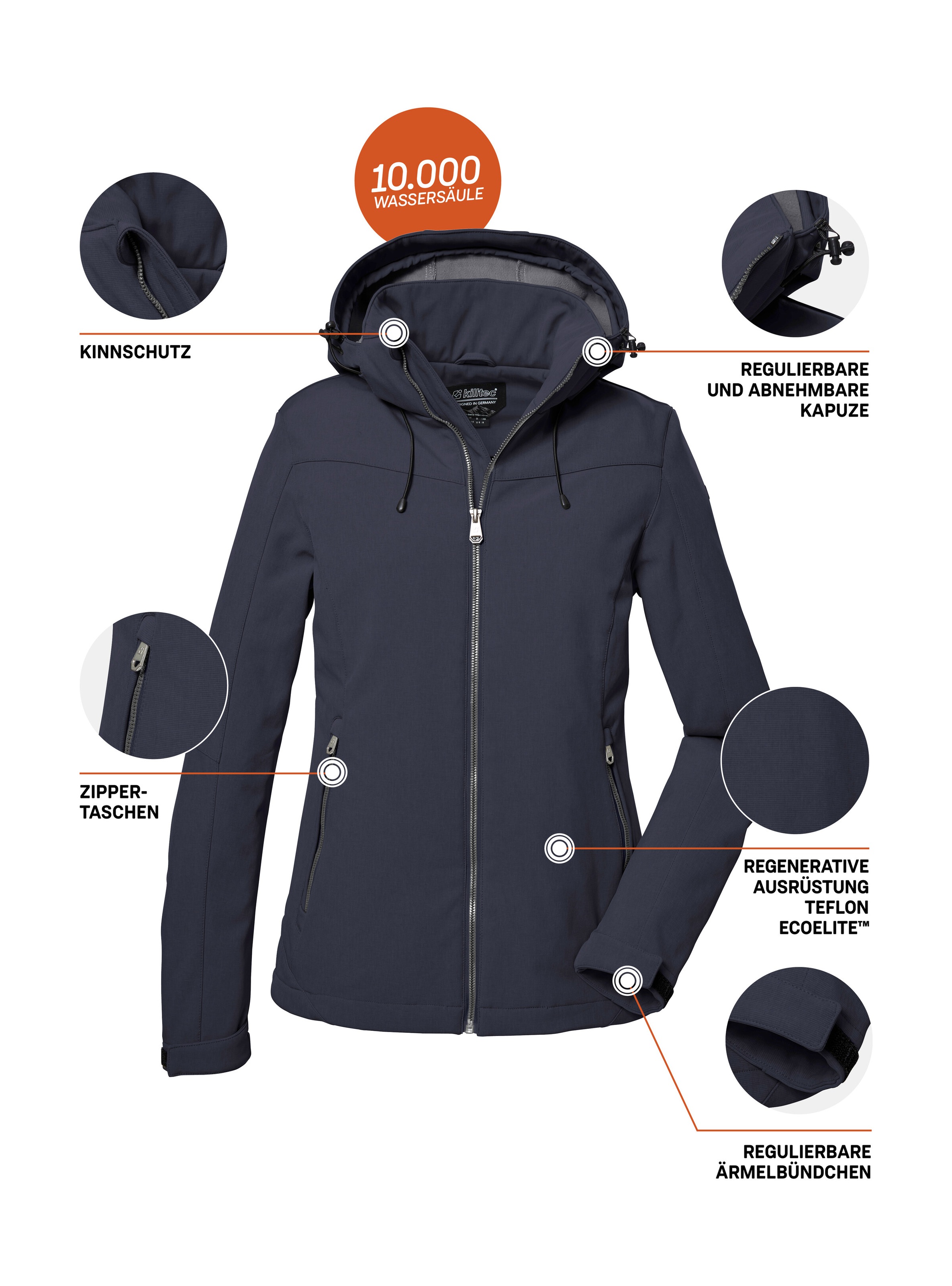 Killtec Softshelljacke »Damen Softshelljacke« Wasserabweisende, winddichte Softshelljacke mit abnehmbarer Kapuze