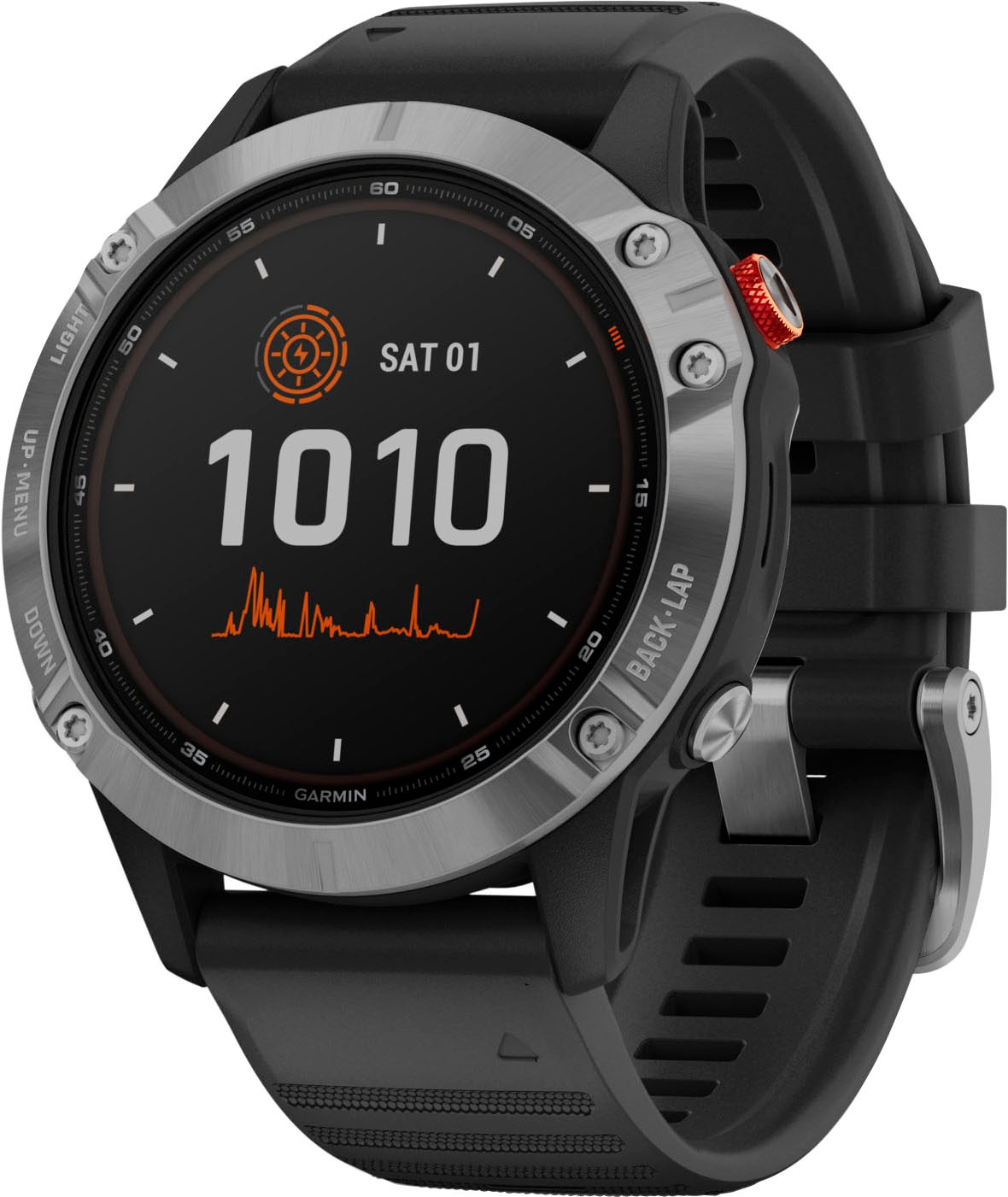 Garmin Smartwatch »FĒNIX® 6 SOLAR Schwarz/Silber mit QUICKFIT-Silikon-Armband 22mm Schwarz«, (Garmin)