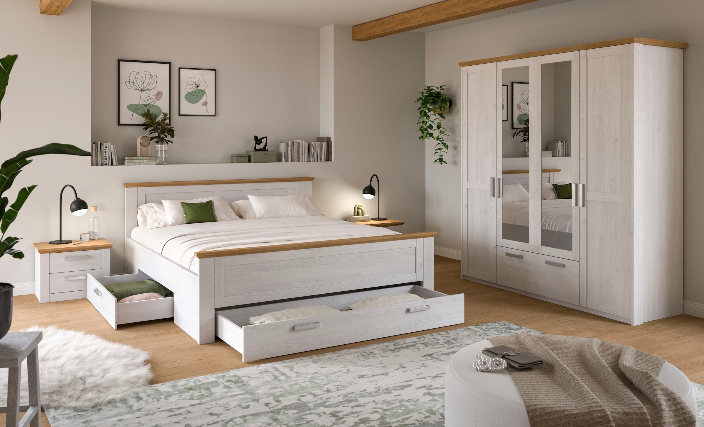 Home affaire Schlafzimmer-Set »COSENZA, 4-teilig, Kleiderschrank, Bett & 2x Nachttische« Matratzengröße 180x200 cm, viel Stauraum, ohne Lattenrost & Matratze, 4 tlg. tlg. Schlafzimmer, Schlafen, Set, Kombination, Bettanlage