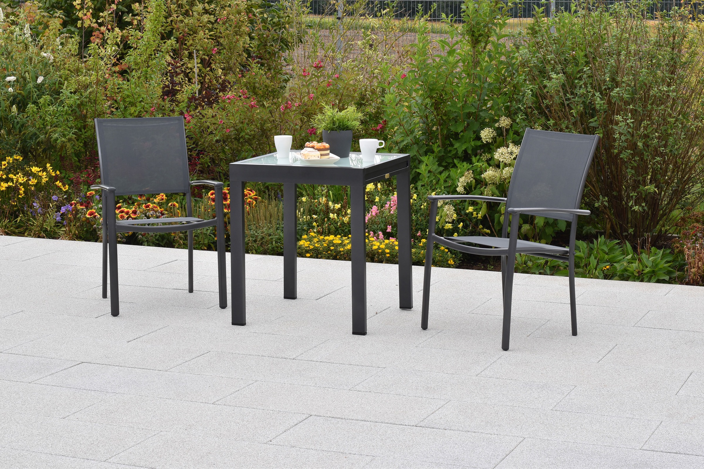 MERXX Balkonset »»Milano«« Set, 3 Stk. tlg. Sessel stapelbar, matte Glasplatte