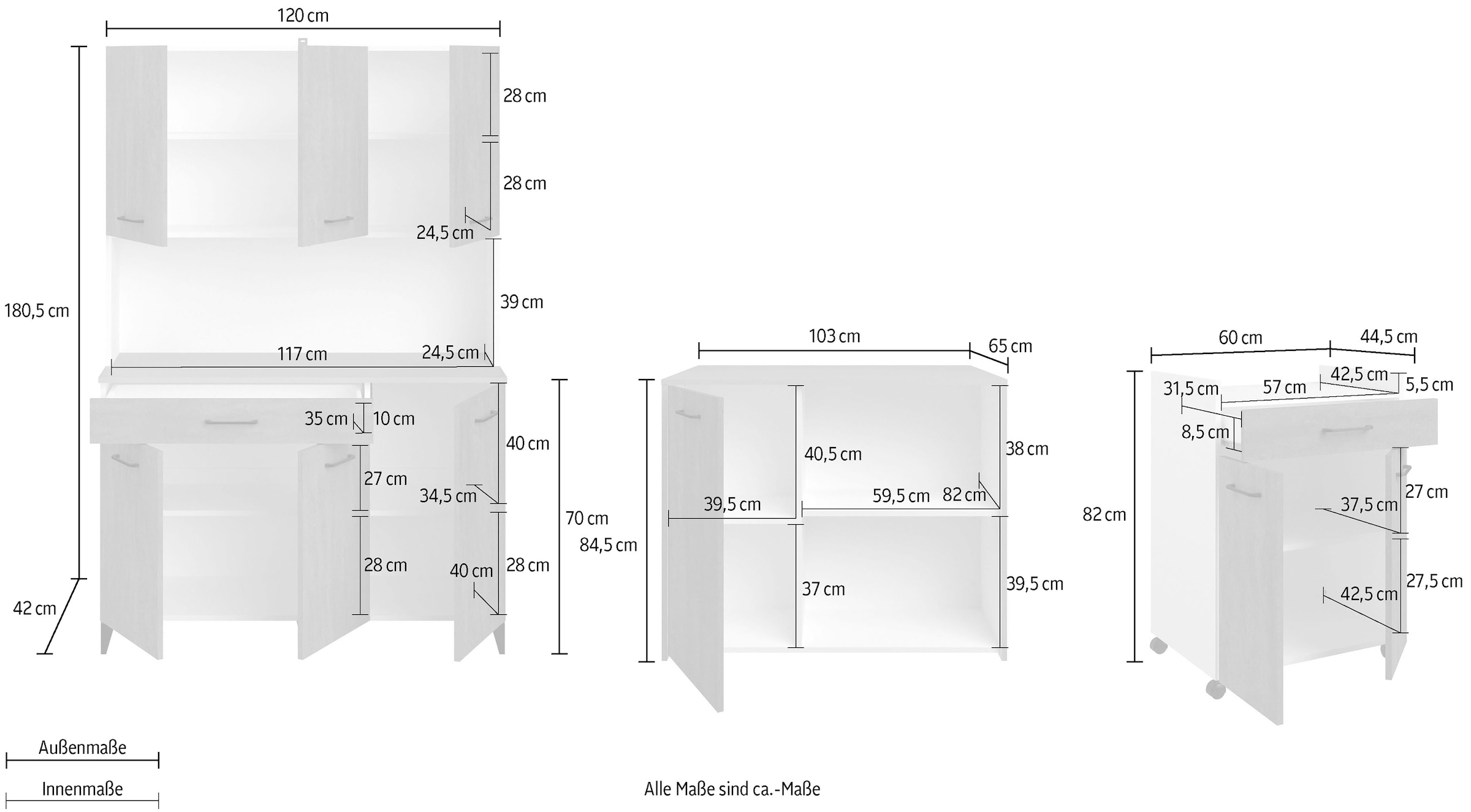 Parisot Mehrzweckschrank-Set »Parisot, Malice 6 - Buffet, Beistellschrank auf Rollen, Insel«, (3 St., 3-teilig, Buffet, Beistellschrank auf Rollen, Beistellschrank/Insel), Beistellschrank auf Rollen, Insel mit Sitzgelegenheit, Beton-Optik