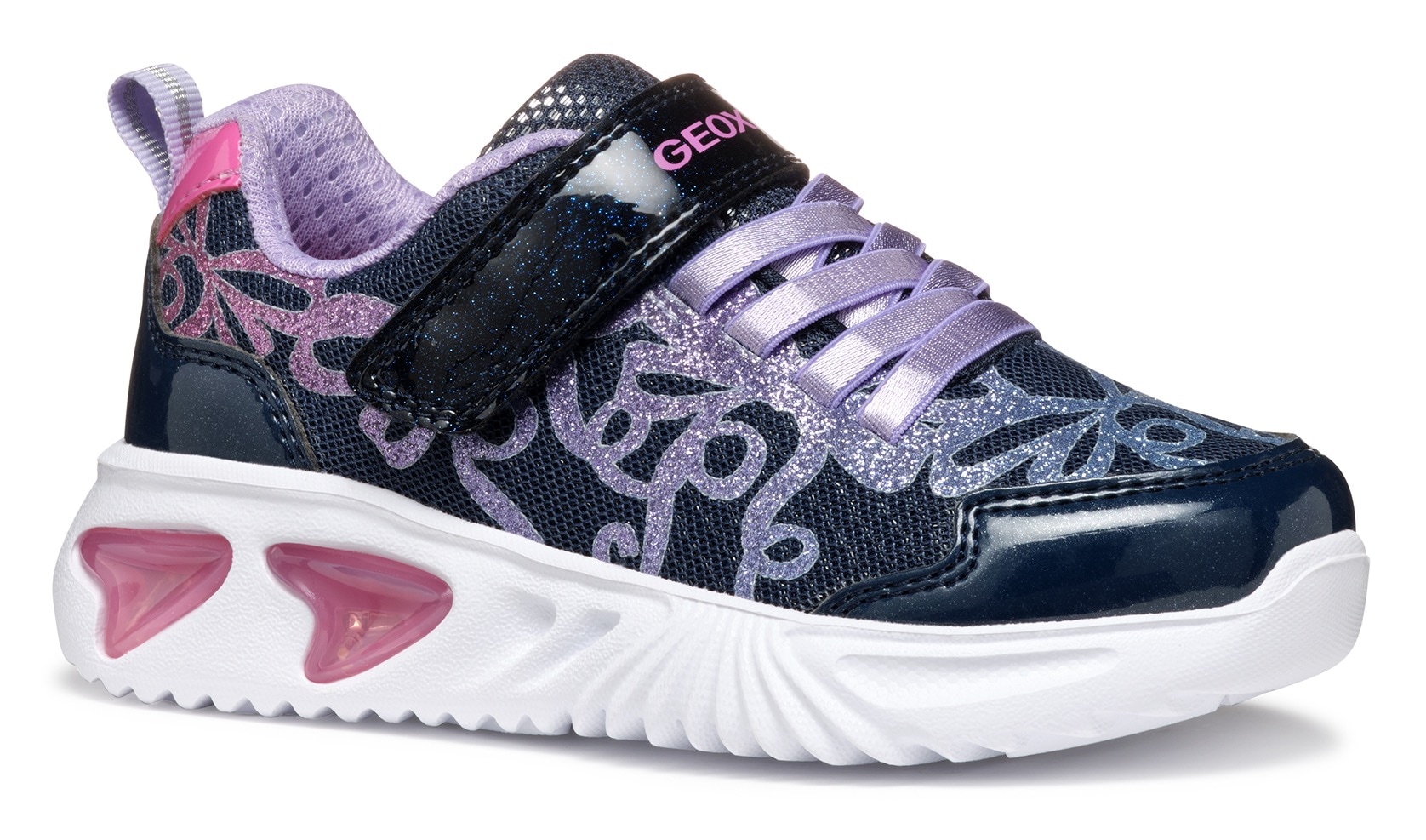 Geox Sneaker »J ASSISTER GIRL Blinkschuh«, Klettschuh mit bunt glitzerndem Schleifchen Muster und Blinkfunktion