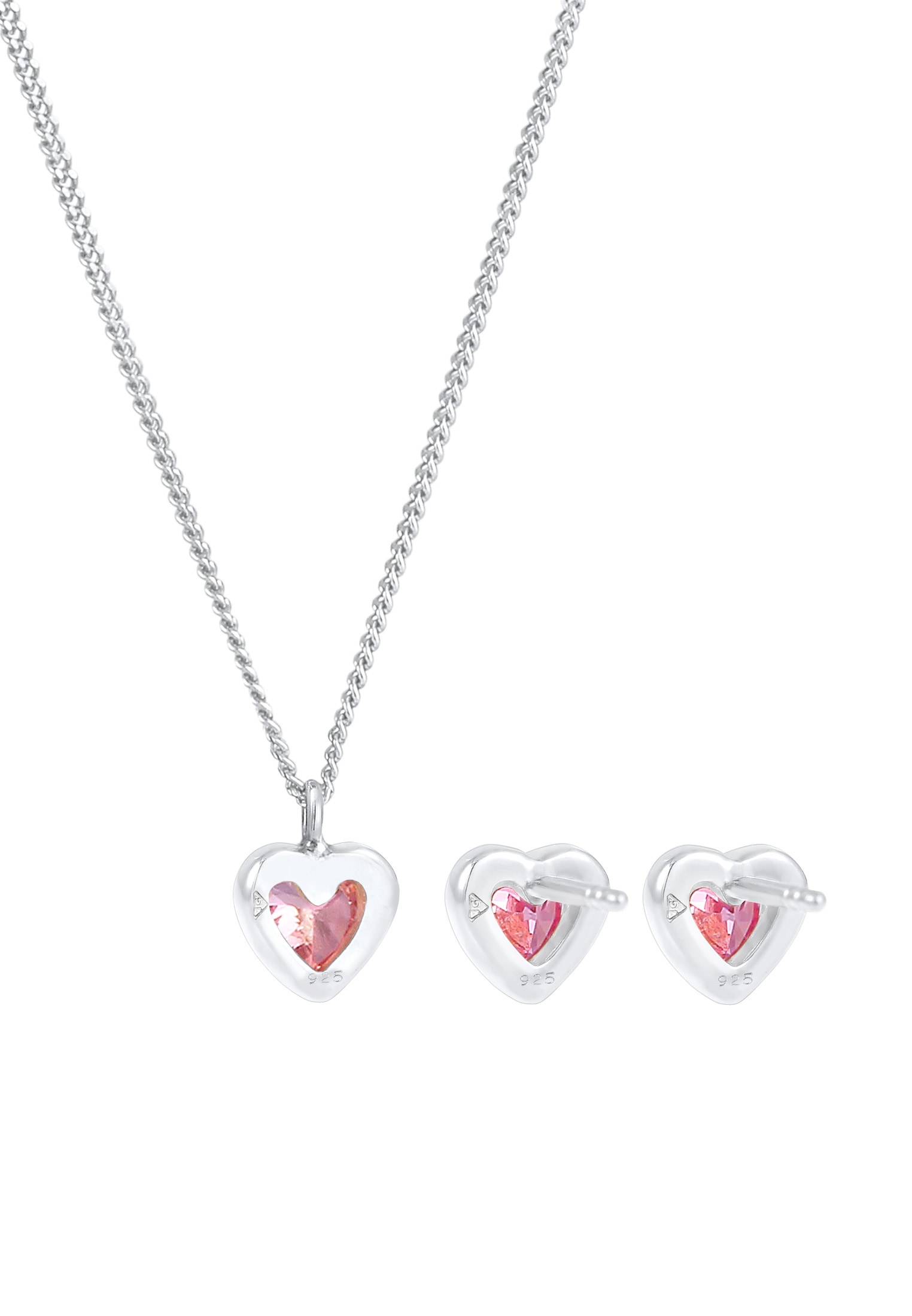 Elli Ohrring und Ketten Set »Schmuckset Kinder Kette Stecker Herz Zirkonia Rosa 925 Silber« ()
