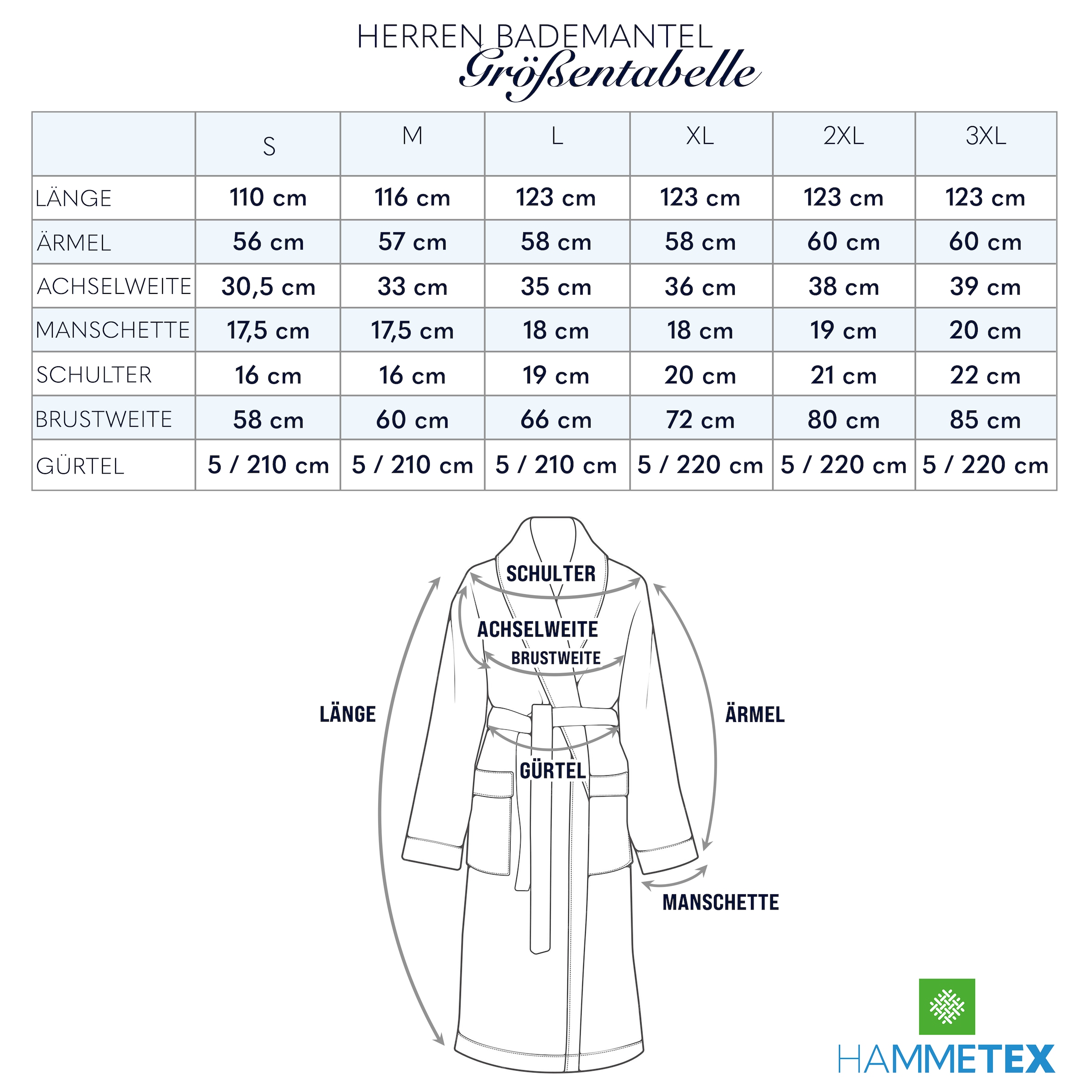 HAMMETEX Herrenbademantel »hergestellt aus 100% Baumwolle – 380 g/m² Frottee, mit Taschen«, 1 Stk.