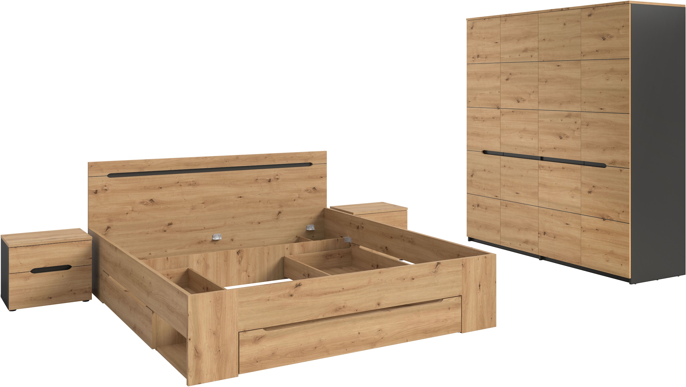 Home affaire Schlafzimmer-Set »REHAT, 4-teilig, best. aus: Bett, Kleiderschrank & 2x Nachtkommode« TOPSELLER!, für Matratzengröße 140x200 cm, viel Stauraum, 4 Stk. tlg. Rehat, Schlafzimmerset, Bett 180x200 cm, Nachttisch, Kleiderschrank