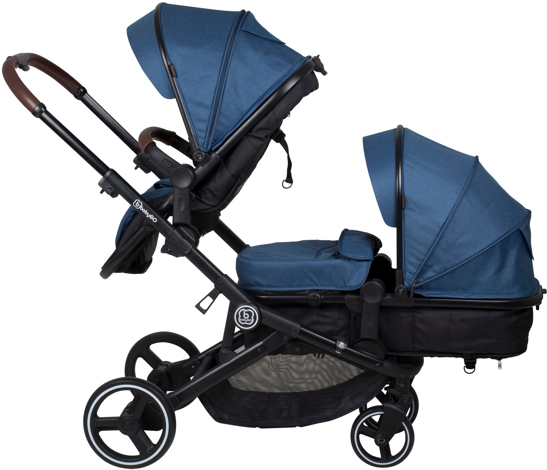 BabyGo Zwillings-Kombikinderwagen »Twinner Set, blau«, inkl. Wickeltasche und Regenschutz