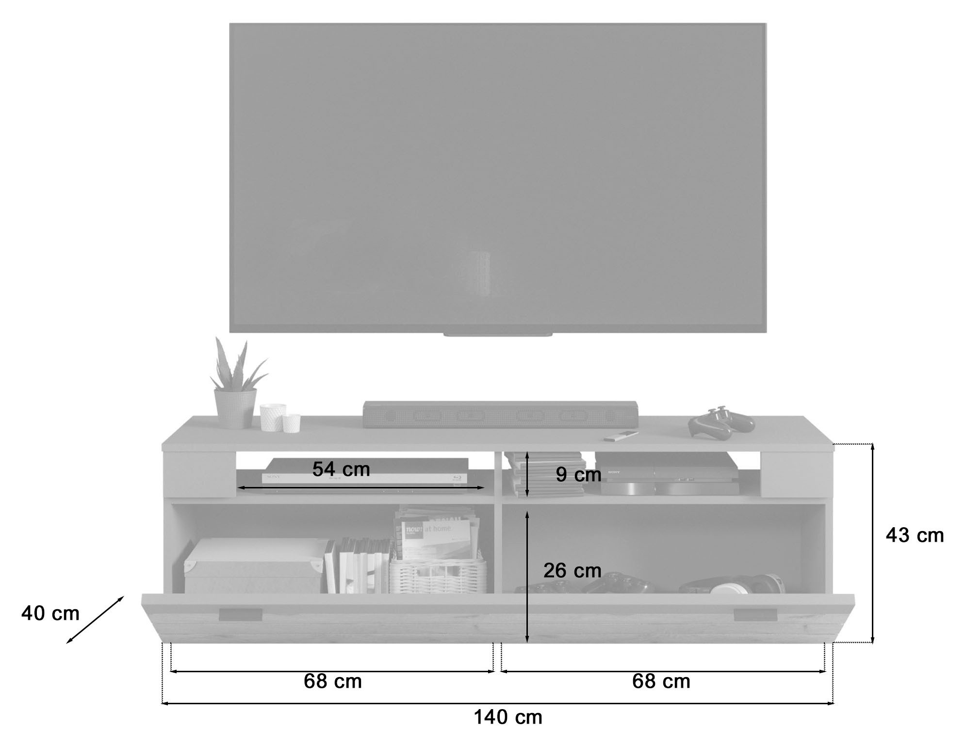 INOSIGN Lowboard »Aalborg, Breite 140 cm, 1 Klappe, 2 offene Fächer, Metallgriffe«, TV-Möbel, TV-Schrank, TV-Lowboard, Mediaboard, Wohnmöbel
