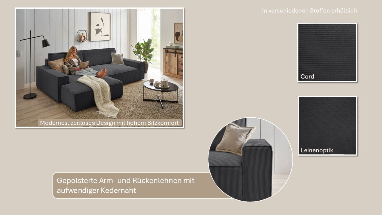 Home affaire Ecksofa »NEU: SHERWOOD XXL 284, Big-Sofa L-Form, tiefe Sitzfläche 95 cm, Cord« Recamiere rechts/links, als Schlafsofa stellbar, Cord u. Leinenoptik