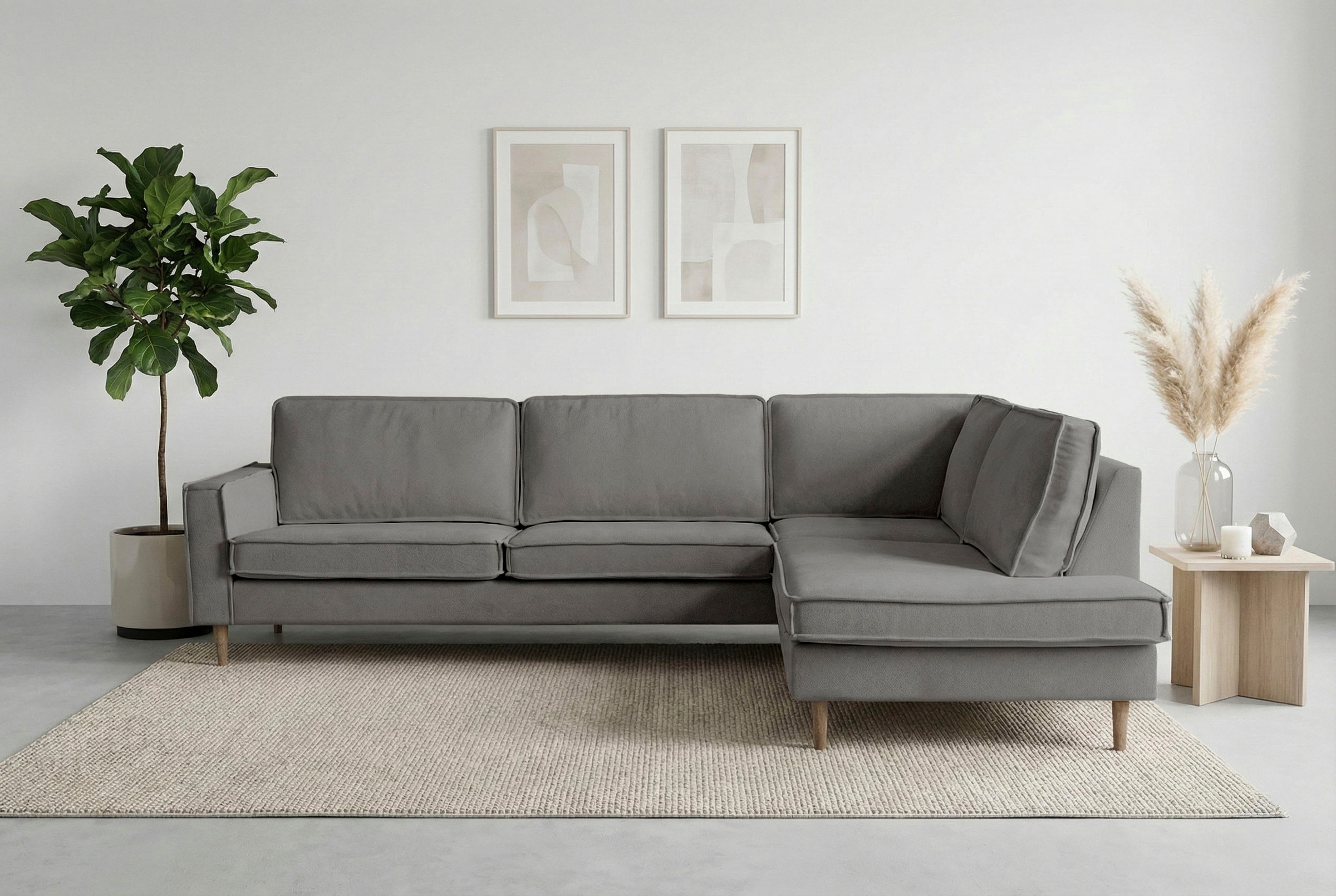 Home affaire Ecksofa »Pinto Skandi, 290 cm, Chenille, Struktur, Ottomane links / rechts« mit Keder, Massivholzfüße Eiche geräuchert, Wellenunterfederung