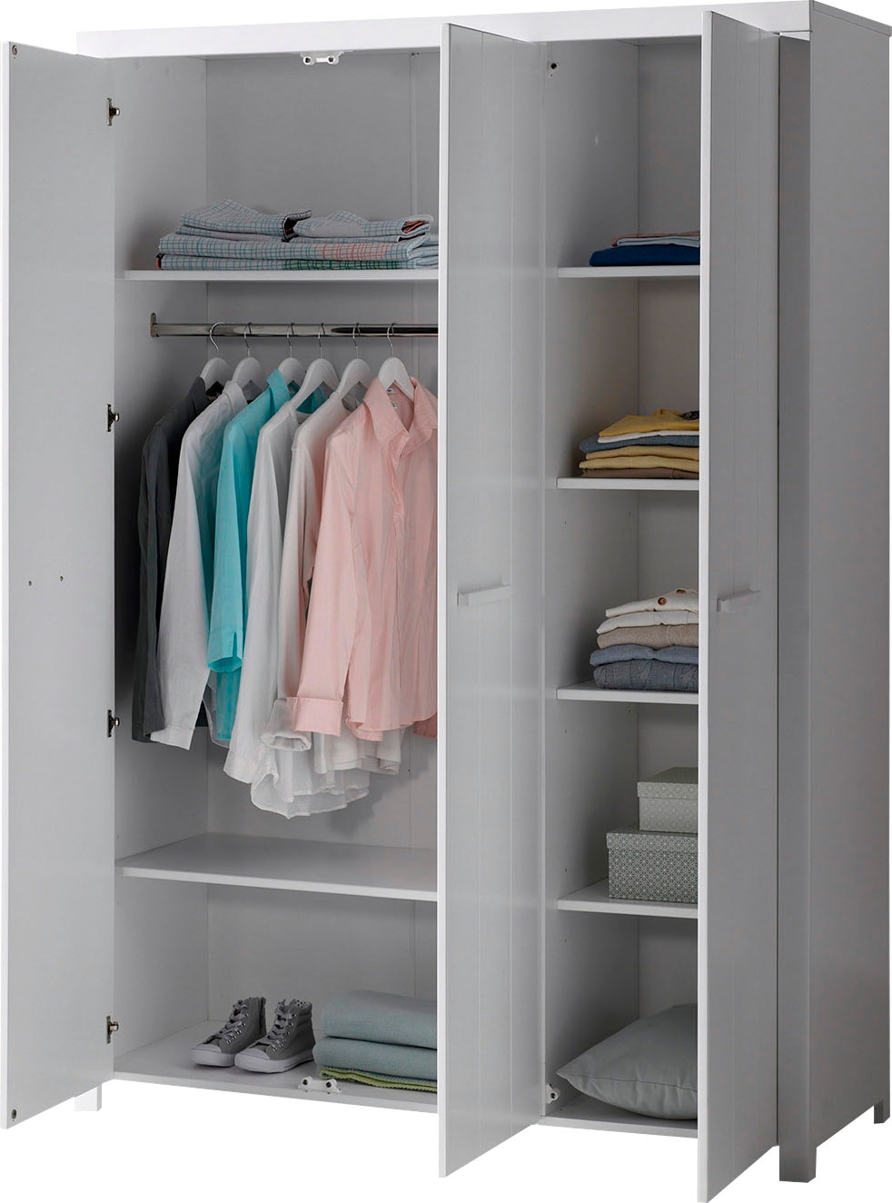 Vipack Kleiderschrank »Erik, Kleiderschrank 3-trg. mit viel Stauraum, MDF weiß lackiert«, (B/H/T ca. 144x205,5x57,5cm, in Landhaus-Optik), geräumiger Schrank inkl. Wäscheeinteilung, Ausf. weiß lackiert