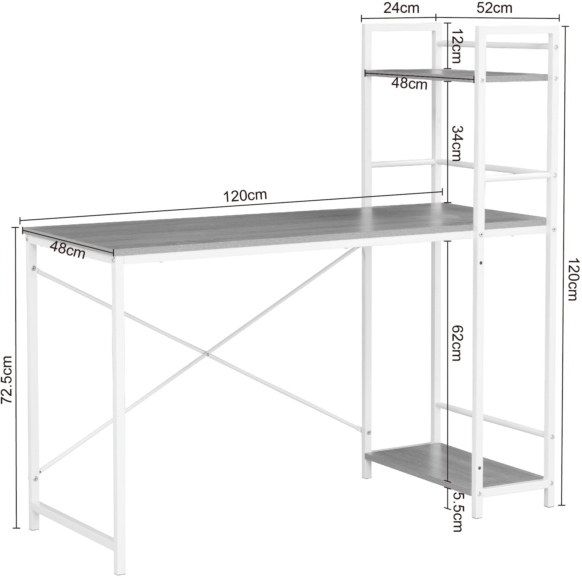 INOSIGN Regal-Schreibtisch »Lonas, Computertisch, Nähtisch mit Metallgestell,«, Regal links/rechts montierbar, Breite 120 cm, Arbeitshöhe 72,5 cm