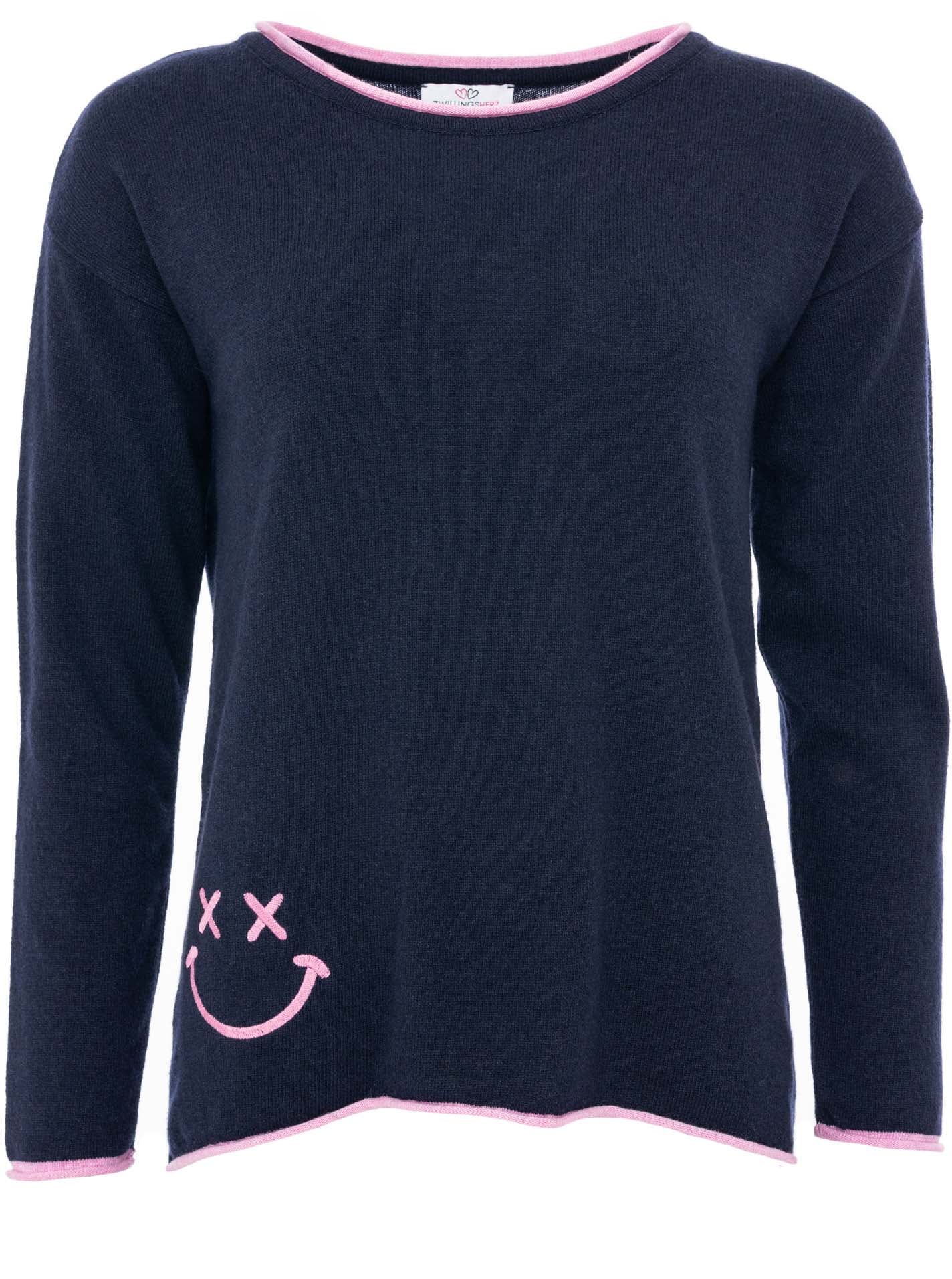 Zwillingsherz Rundhalspullover »"Happy Face"« Stickerei, aufgerollte kontrastfarbige Bündchen