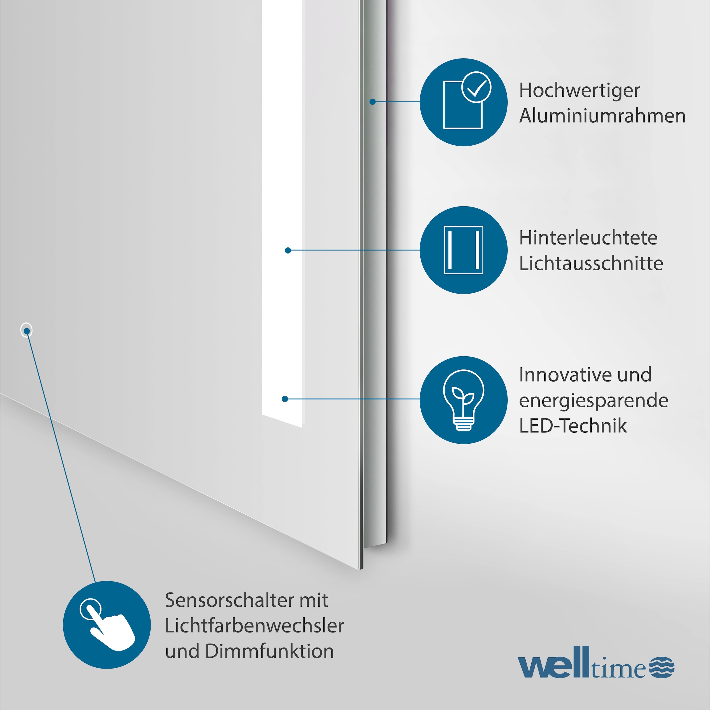 welltime LED-Lichtspiegel »Plaza« mit Lichtfarbenwechsler und Dimmschalter, in verschiedenen Größen