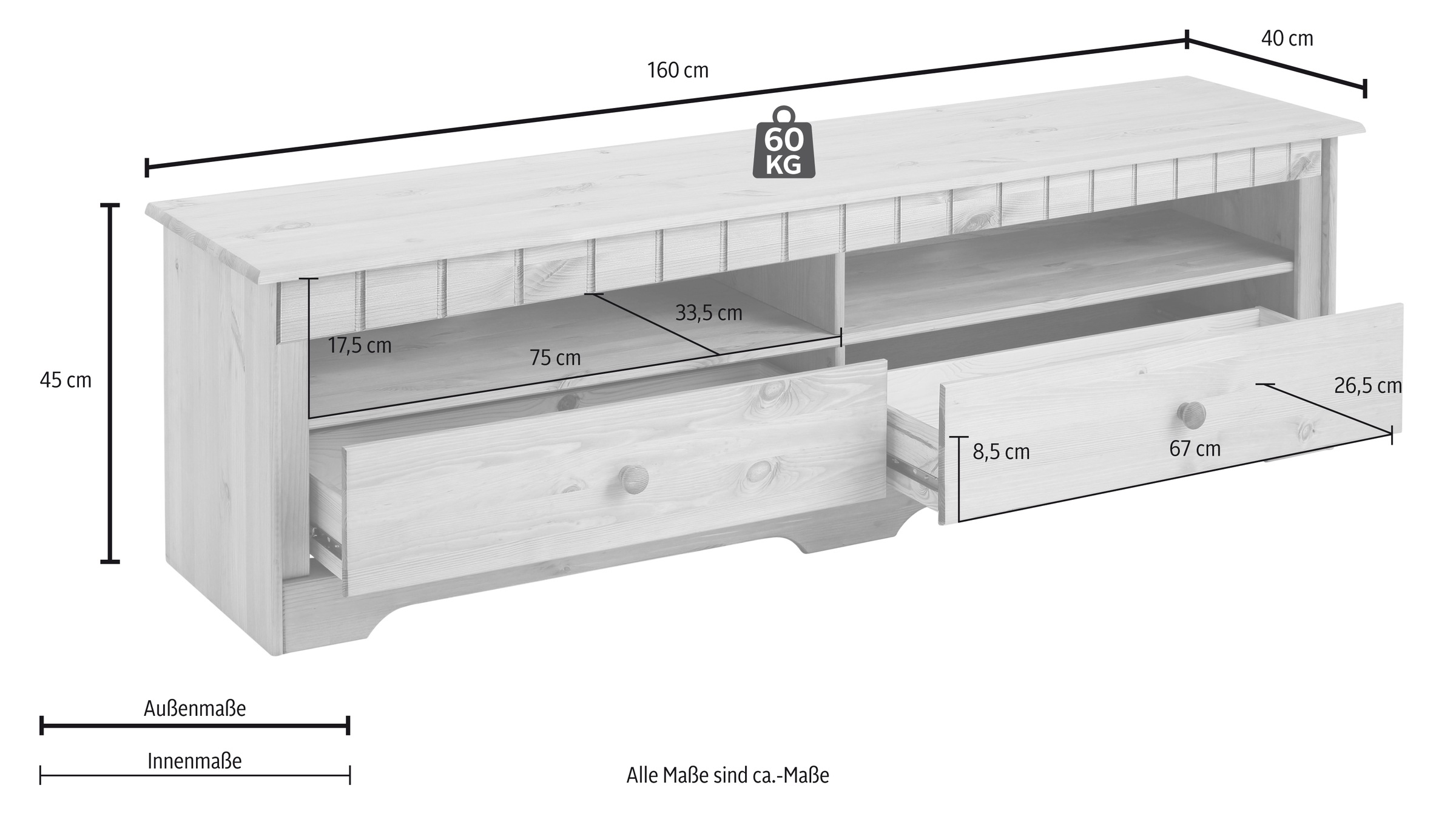 Home affaire Lowboard »Poehl«, Breite 160 cm, aus massiver Kiefer