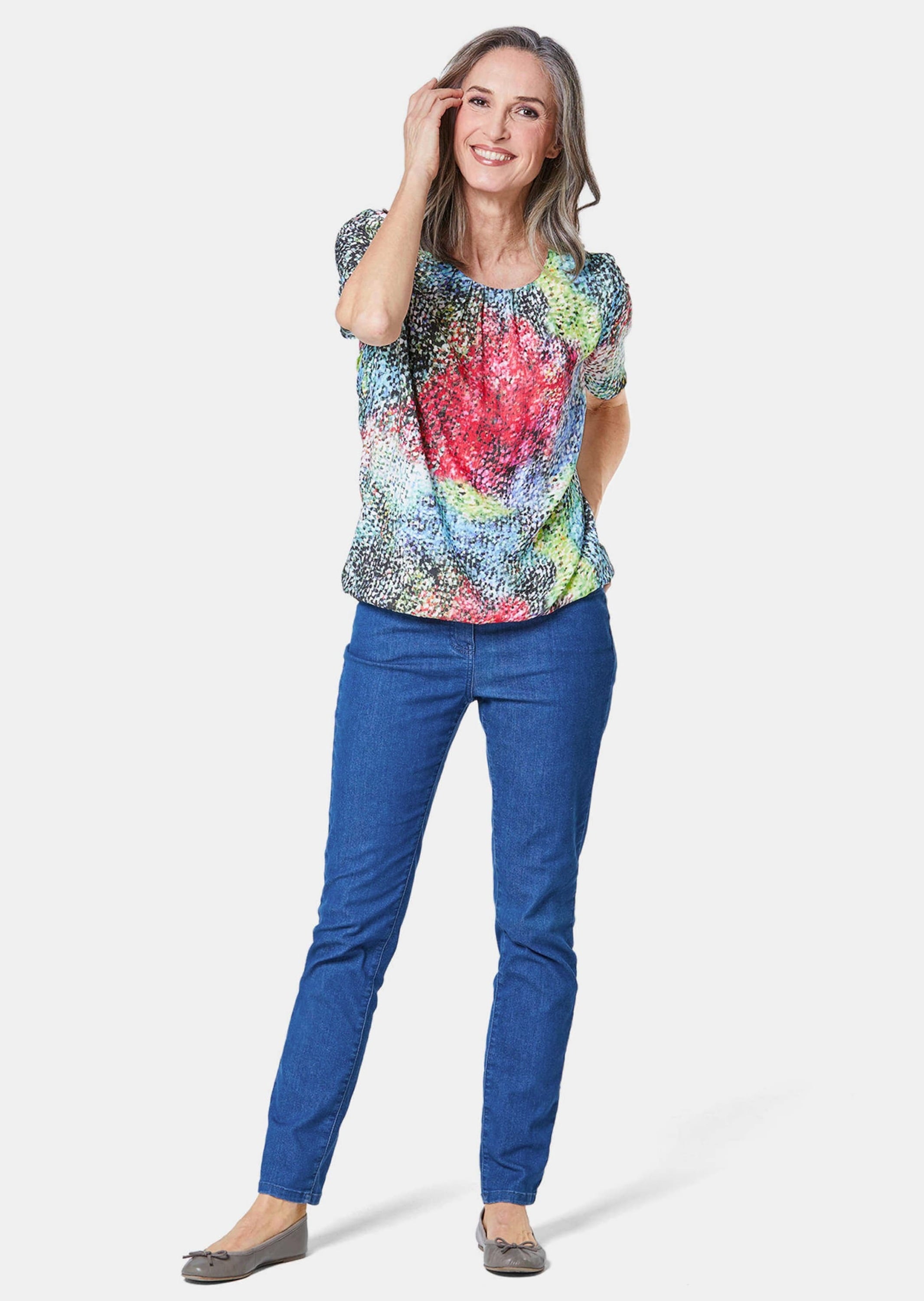 GOLDNER Druckbluse »Kurzgröße Halbarm Viskosebluse mit Allover-Print« Ohne