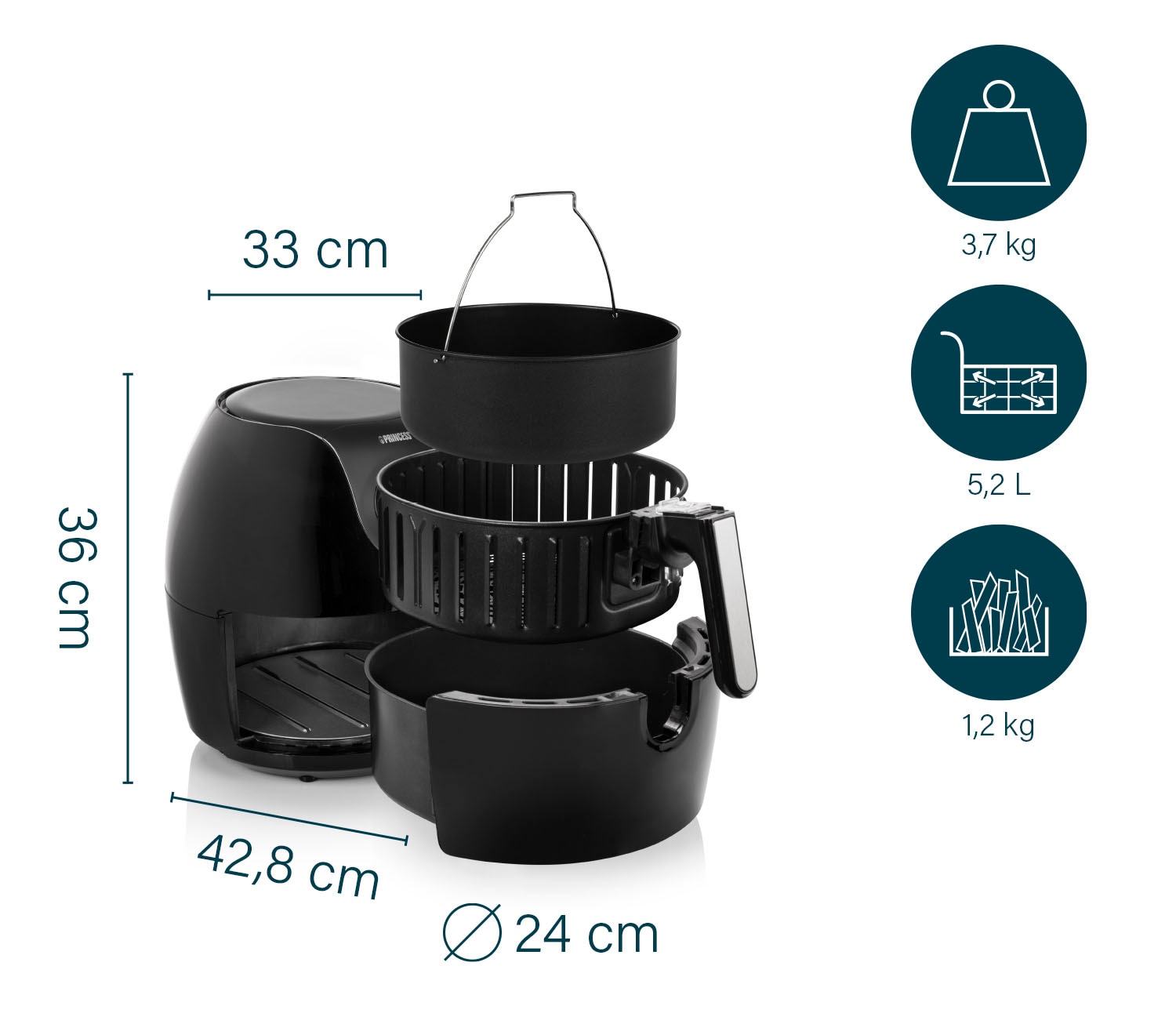 PRINCESS Heißluftfritteuse »XXL 182050 mit 5,2L, Digitales Touchscreen,«, 1700 W, 7 Programme, Ohne ÖL, Aerofryer, Schwarz
