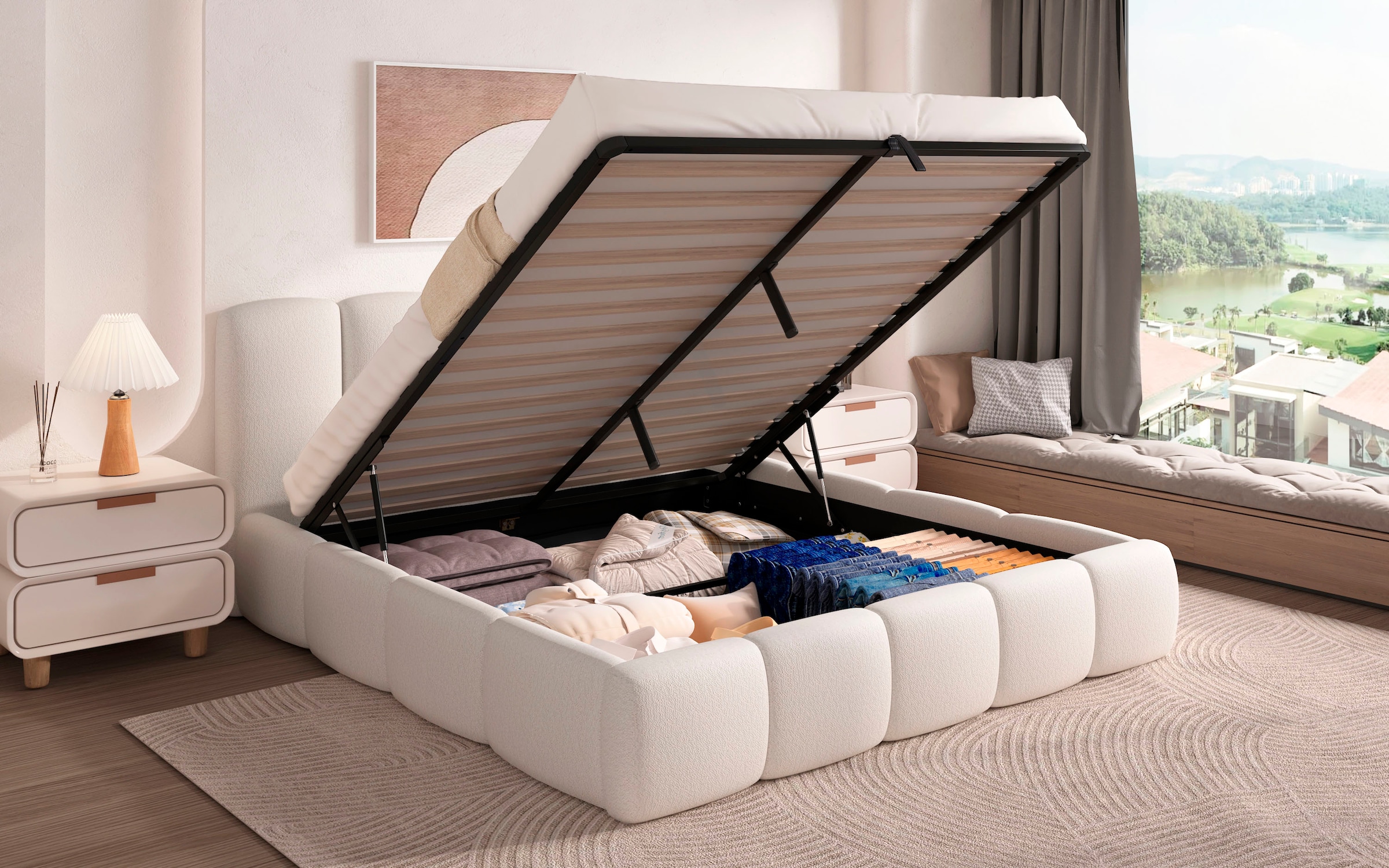 Home affaire Polsterbett »MERLINDA in der Breite 180cm, inkl. Lattenrost und Bettkasten« gepolstertes Kopfteil und Rahmen, Bezug im Chenillecharakter