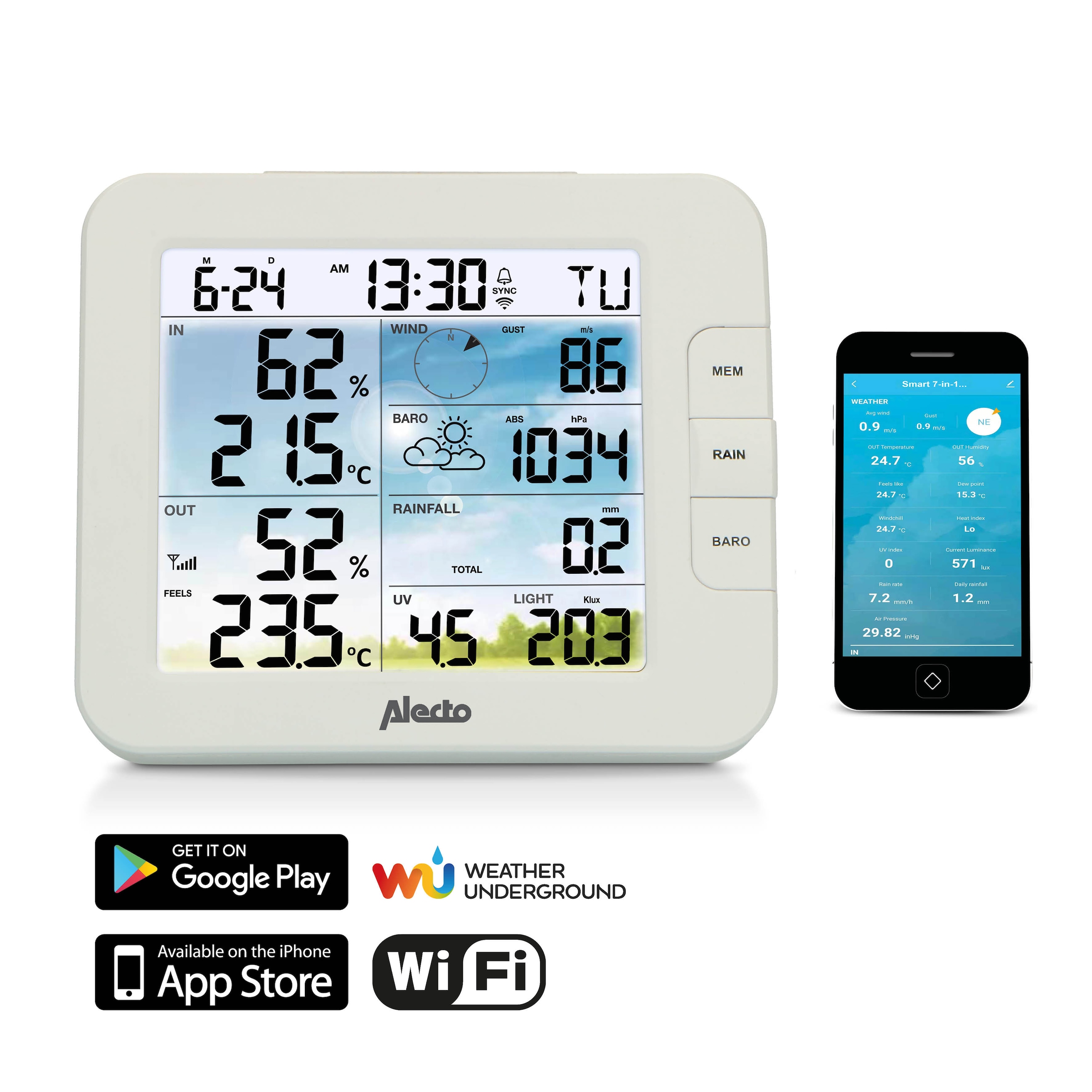 Alecto Wetterstation »WS5400«, (mit Außensensor), 7in1, Tuya/Smartlife-fähig