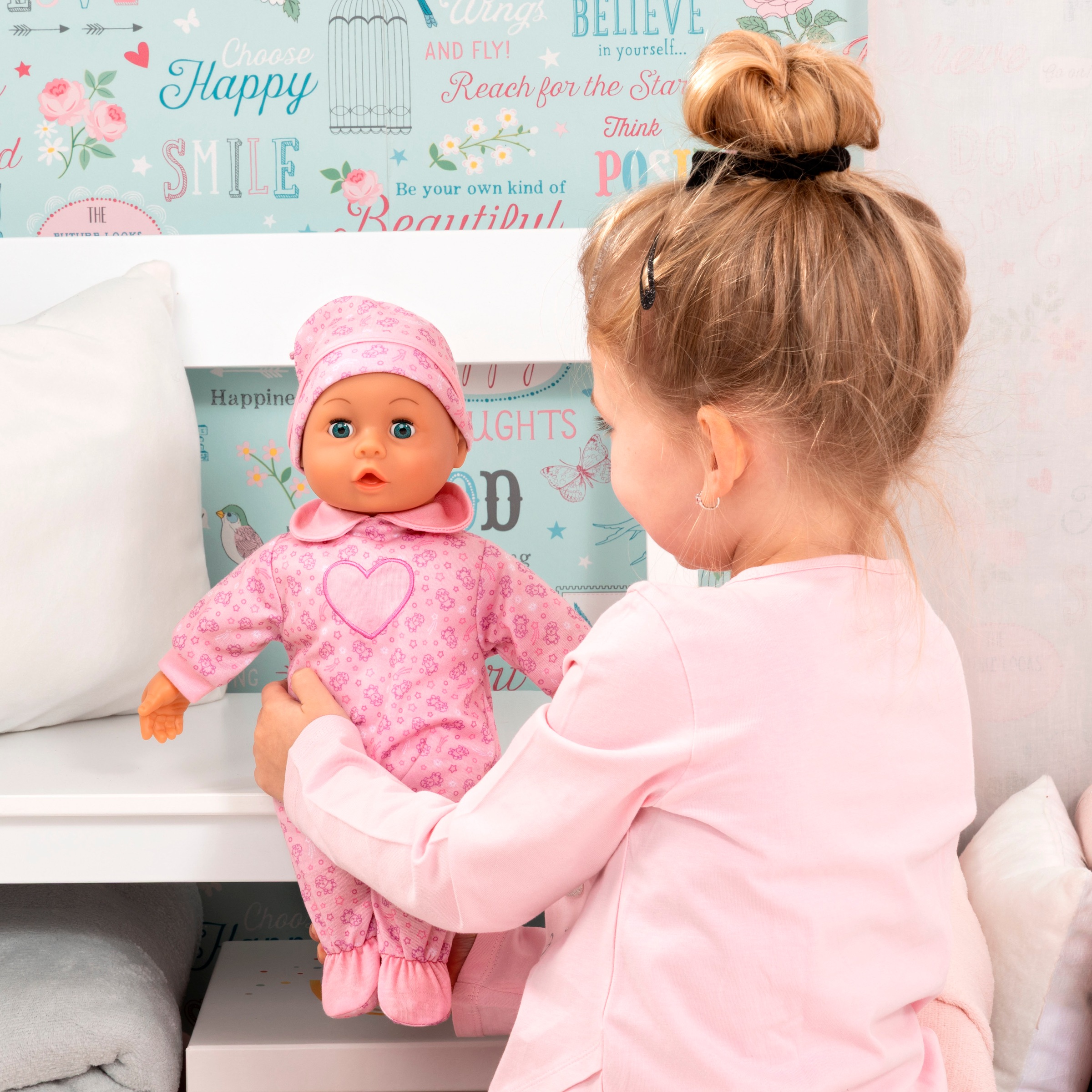 Bayer Babypuppe »First Words Baby, 38 cm, Schafe rosa«, (3 tlg.), mit Schlafaugen und Babygeräuschen